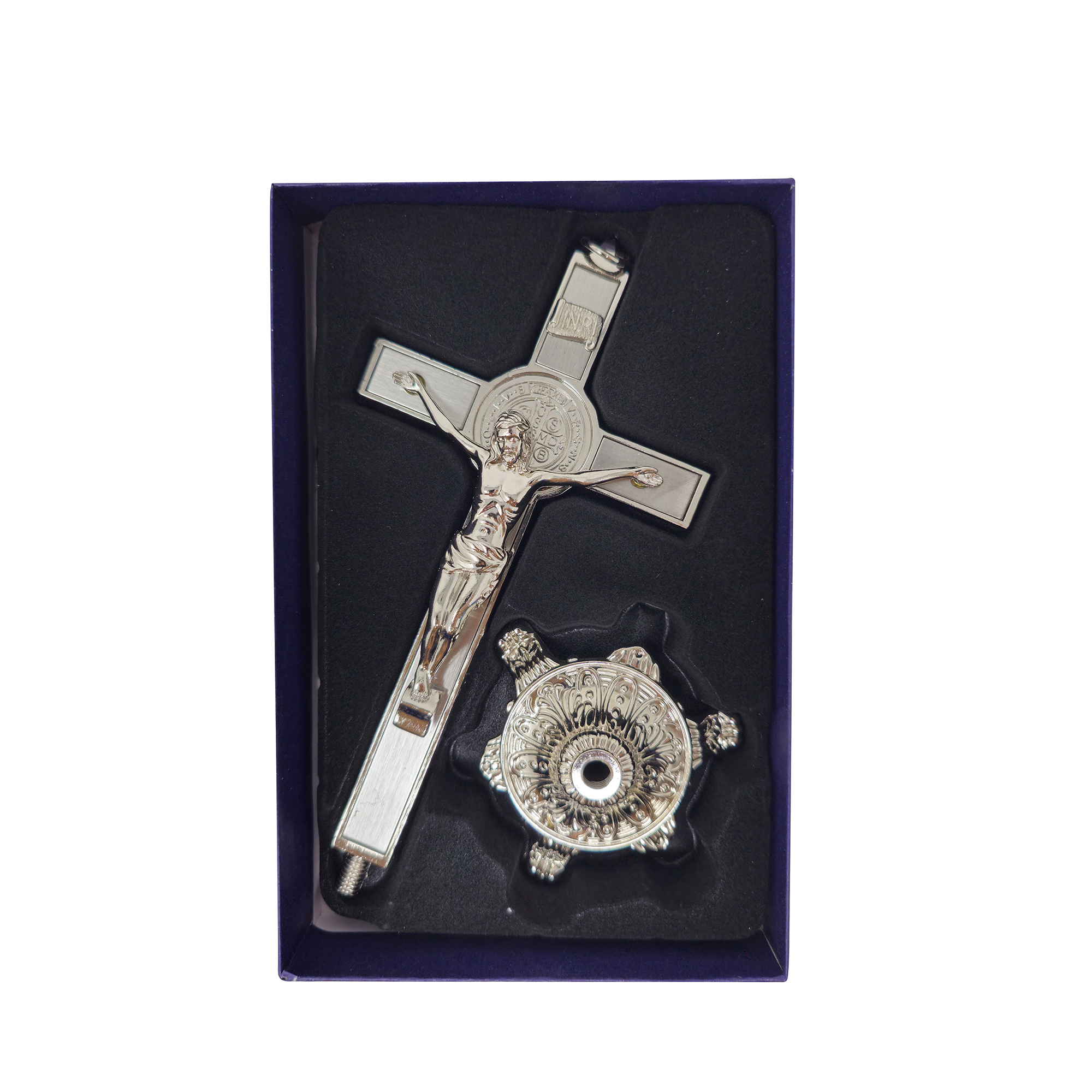 mrcjsales - Saint Benedict Crucifix – Silver w/Base - Versatile Metal Cross for Wall or Table - Perfect Faith Gift in Multiple Sizes  - Protective Box