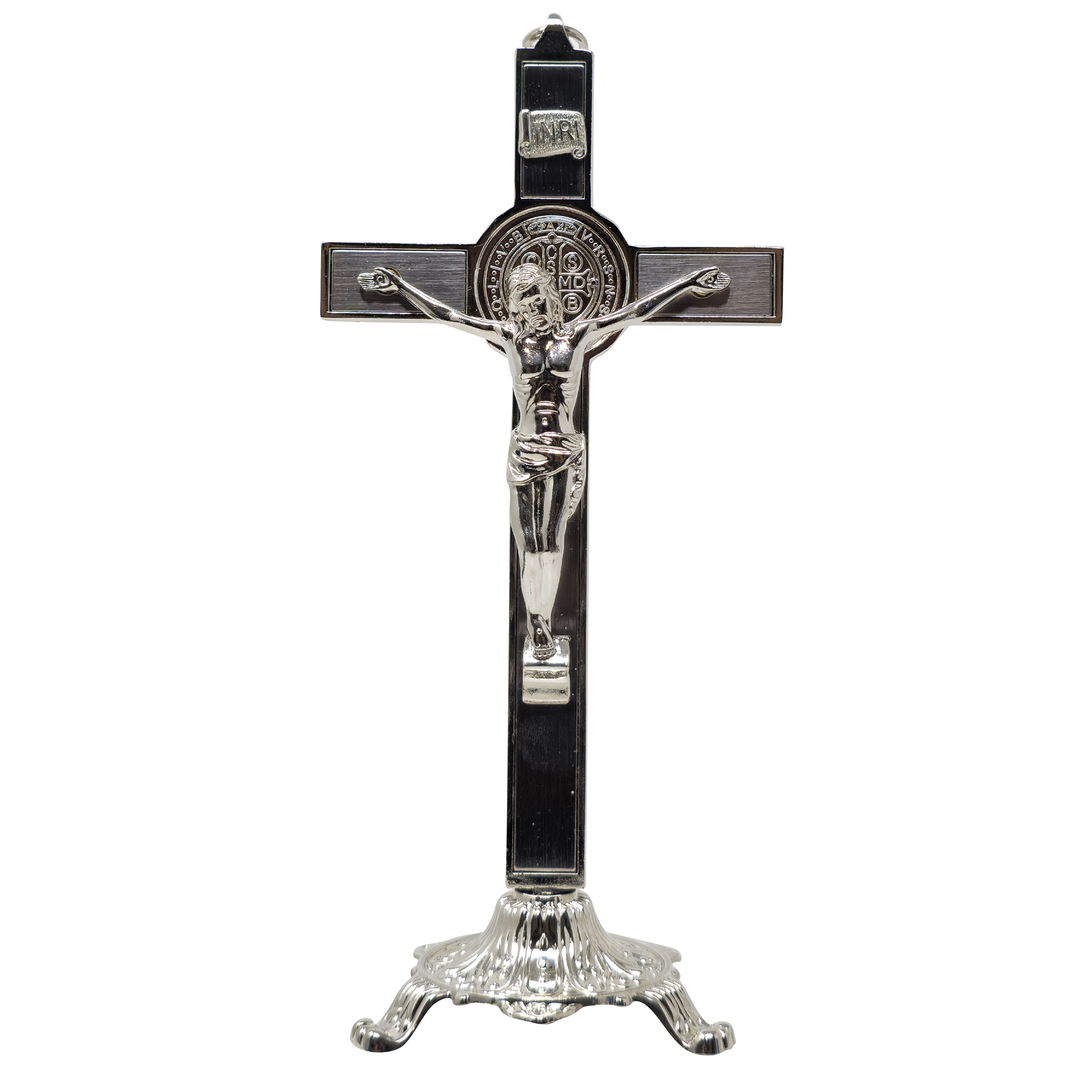 mrcjsales - Saint Benedict Crucifix – Silver w/Base - Versatile Metal Cross for Wall or Table - Perfect Faith Gift in Multiple Sizes  - Protective Box