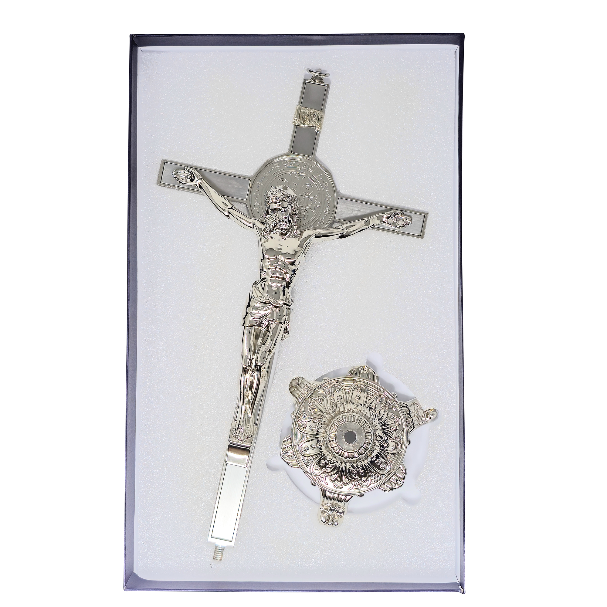 mrcjsales - Saint Benedict Crucifix – Silver w/Base - Versatile Metal Cross for Wall or Table - Perfect Faith Gift in Multiple Sizes  - Protective Box