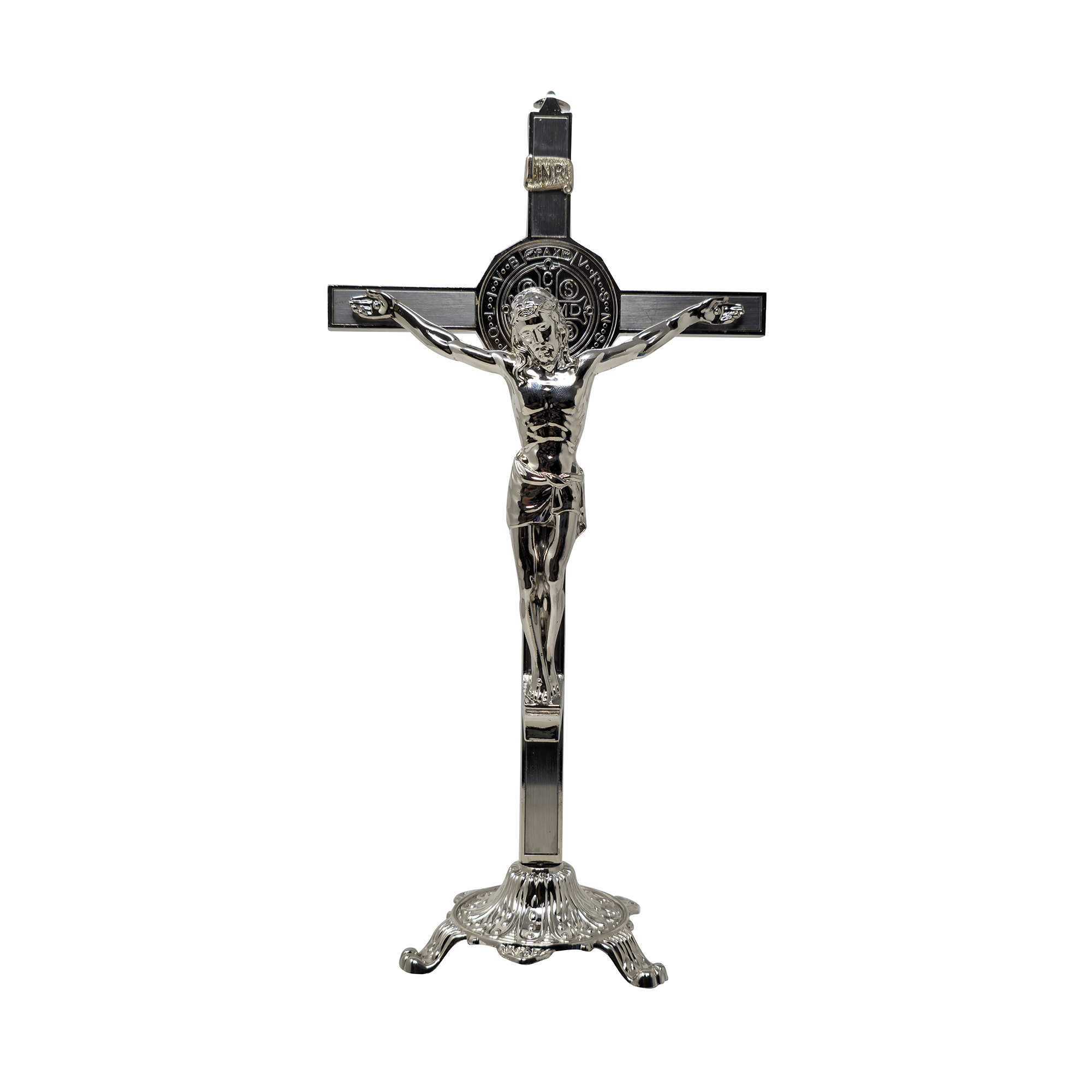 mrcjsales - Saint Benedict Crucifix – Silver w/Base - Versatile Metal Cross for Wall or Table - Perfect Faith Gift in Multiple Sizes  - Protective Box