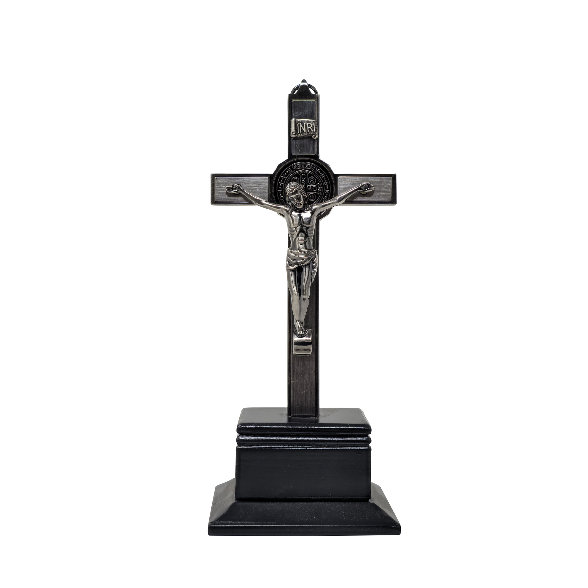 Mrcjsales - Saint Benedict Crucifix Dark-Silver w/Base. Detailed Design, Gift for Loved Ones, Hang or Stand Anywhere, Built-In Medal,