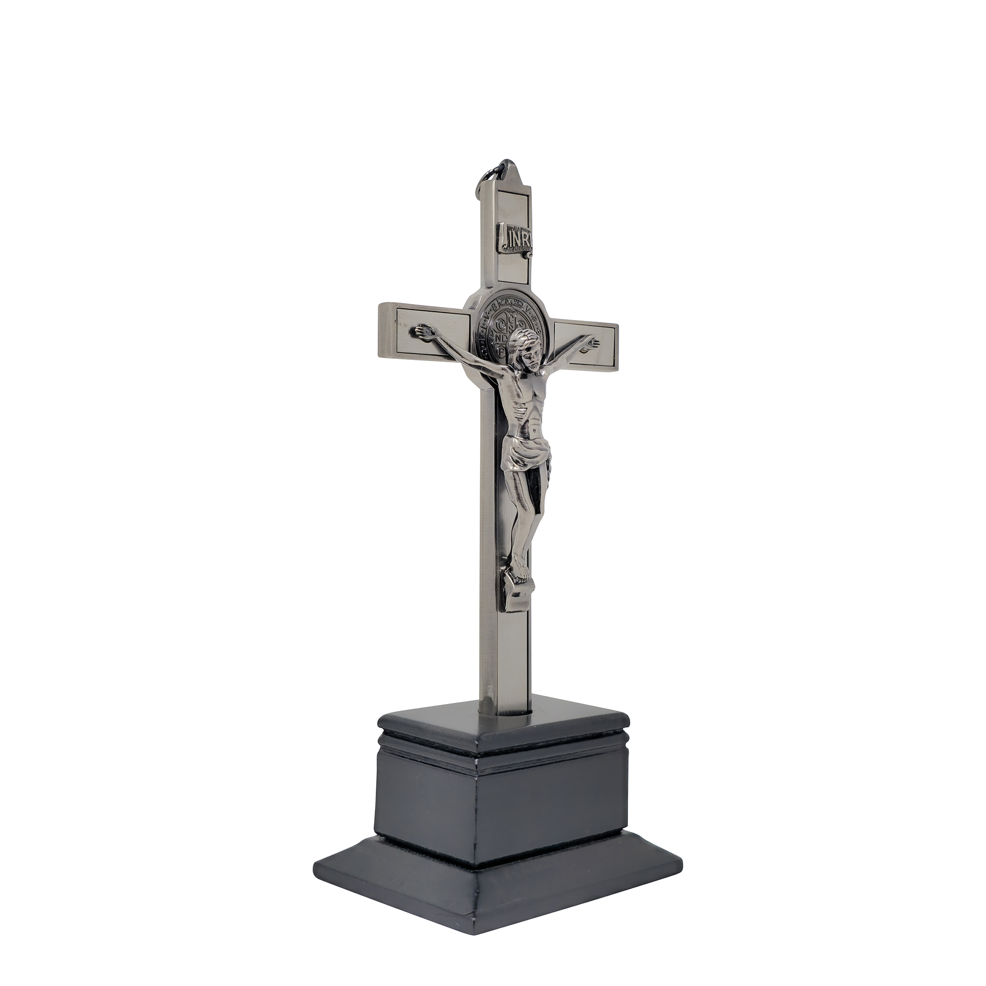 Mrcjsales - Saint Benedict Crucifix Dark-Silver w/Base. Detailed Design, Gift for Loved Ones, Hang or Stand Anywhere, Built-In Medal,