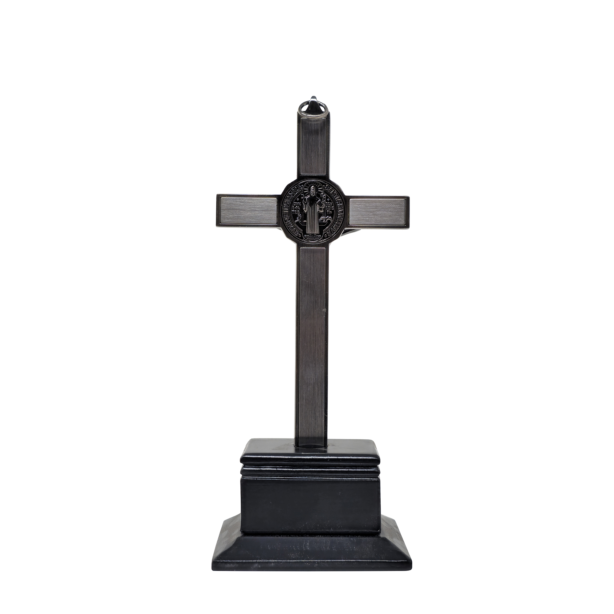 Mrcjsales - Saint Benedict Crucifix Dark-Silver w/Base. Detailed Design, Gift for Loved Ones, Hang or Stand Anywhere, Built-In Medal,