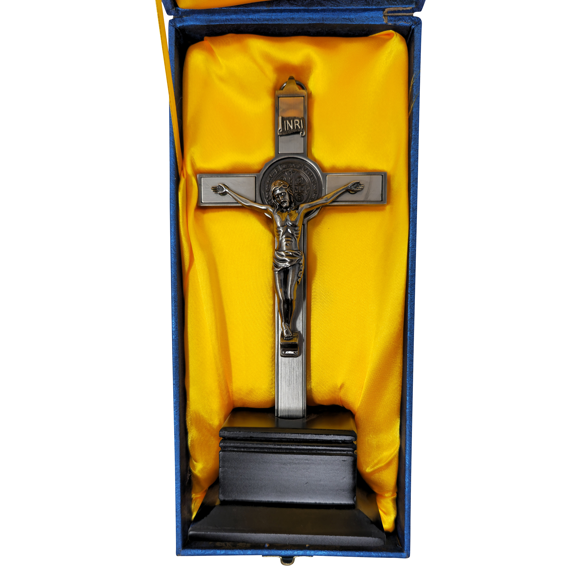 Mrcjsales - Saint Benedict Crucifix Dark-Silver w/Base. Detailed Design, Gift for Loved Ones, Hang or Stand Anywhere, Built-In Medal,