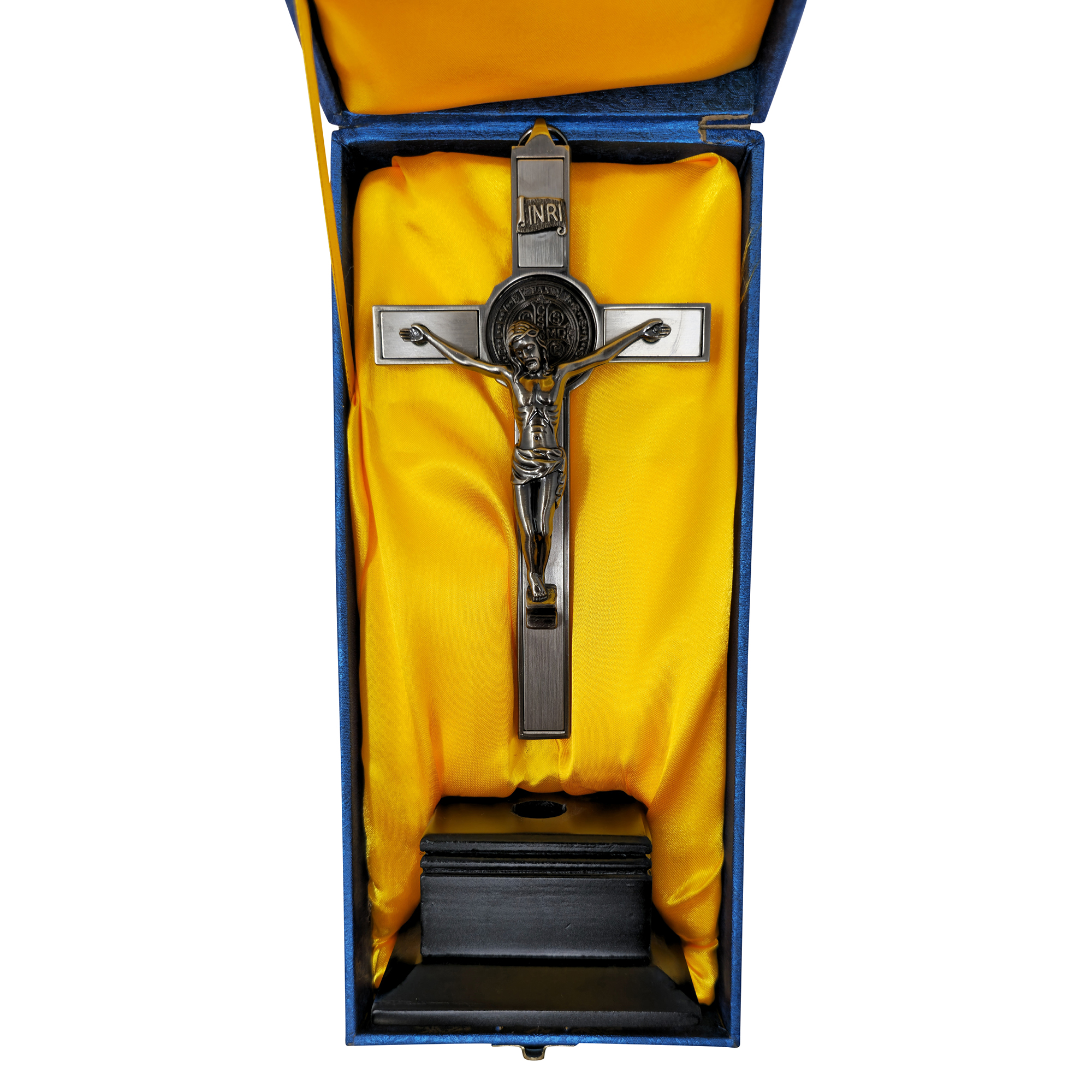 Mrcjsales - Saint Benedict Crucifix Dark-Silver w/Base. Detailed Design, Gift for Loved Ones, Hang or Stand Anywhere, Built-In Medal,