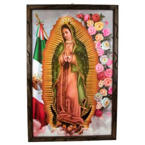 Mrcjsales - Lady of Guadalupe Mex Flag Rustic Frame - Iconic Religious Art, Mexican Decor, Spiritual Gift, Unique Craftsmanship, Virgen De Guadalupe