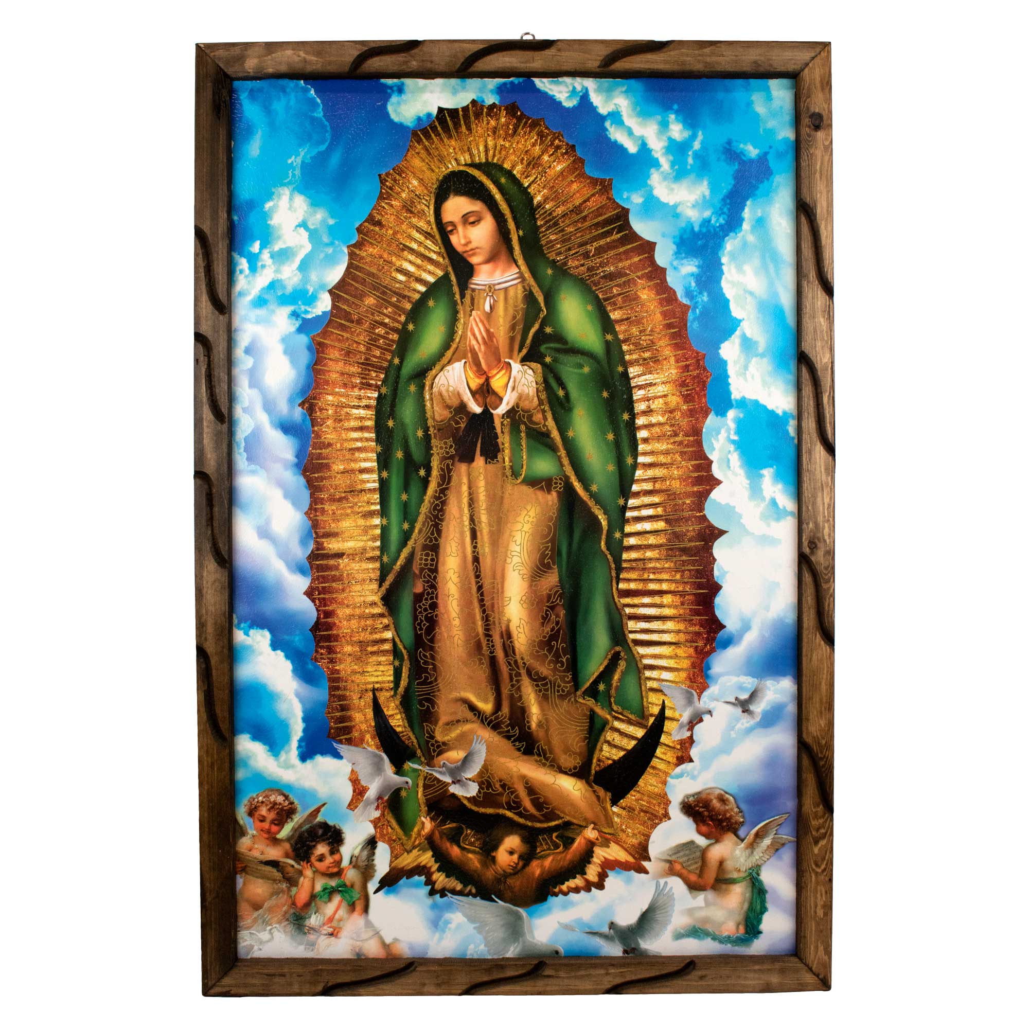 Mrcjsales - Our Lady of Guadalupe Heavens Sky’s Rustic Frame - Iconic Religious Art, Unique Craftsmanship, Virgen de Guadalupe