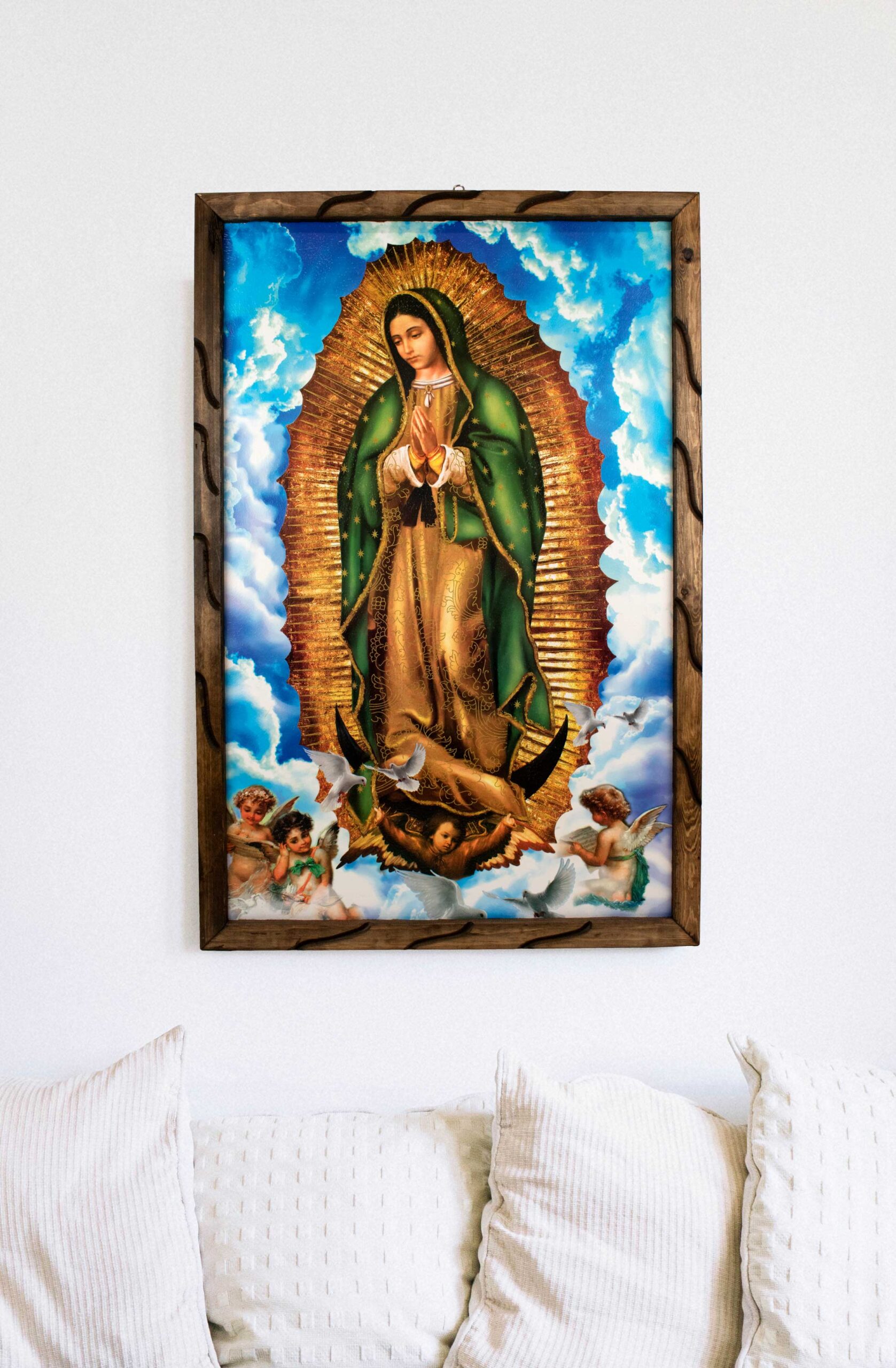 Mrcjsales - Our Lady of Guadalupe Heavens Sky’s Rustic Frame - Iconic Religious Art, Unique Craftsmanship, Virgen de Guadalupe