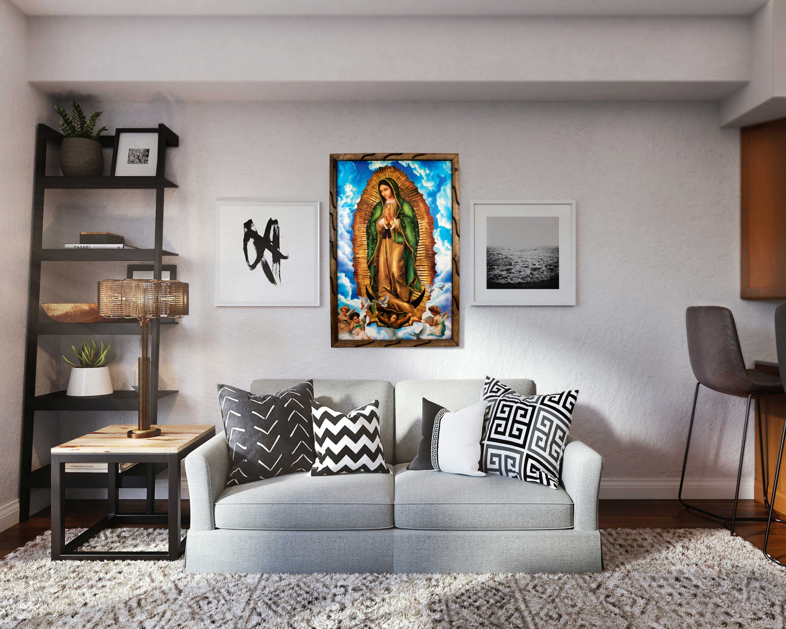 Mrcjsales - Our Lady of Guadalupe Heavens Sky’s Rustic Frame - Iconic Religious Art, Unique Craftsmanship, Virgen de Guadalupe