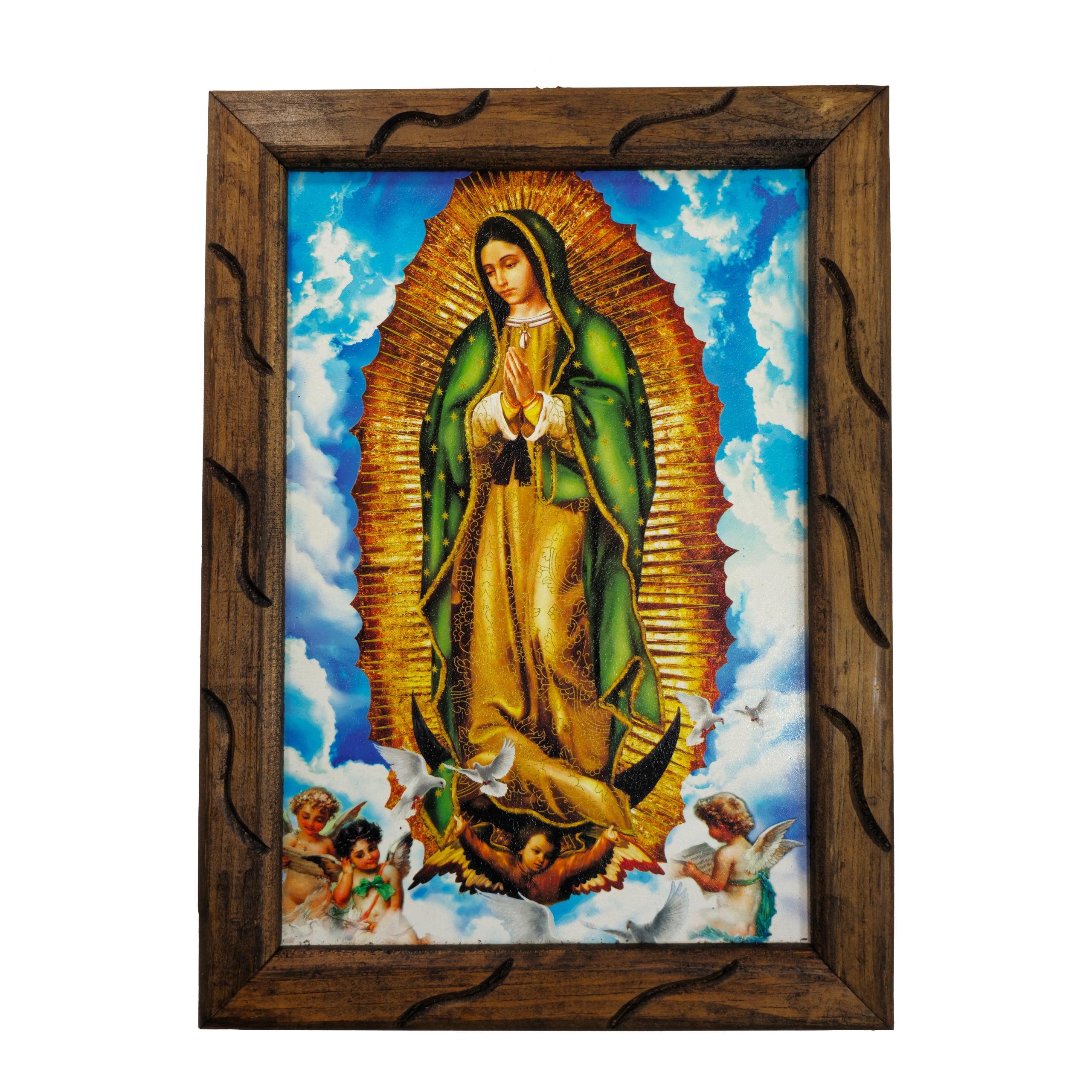 Mrcjsales - Our Lady of Guadalupe Heavens Sky’s Rustic Frame - Iconic Religious Art, Unique Craftsmanship, Virgen de Guadalupe