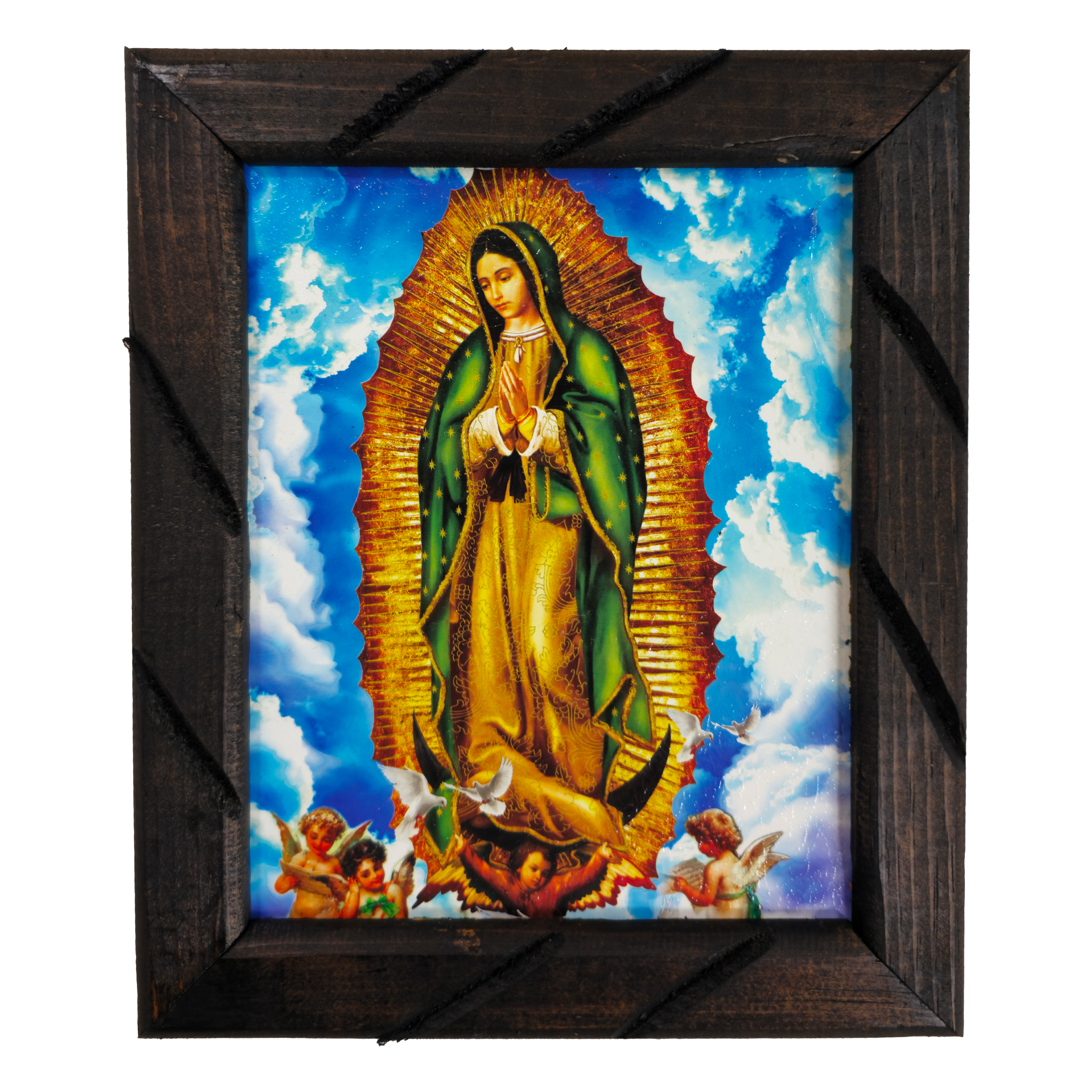 Mrcjsales - Our Lady of Guadalupe Heavens Sky’s Rustic Frame - Iconic Religious Art, Unique Craftsmanship, Virgen de Guadalupe