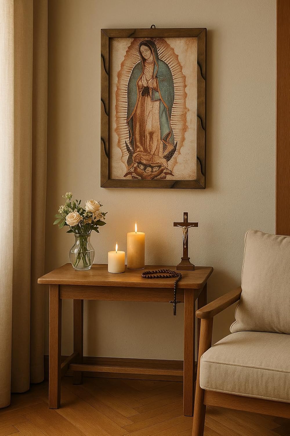 Our Lady of Guadalupe Rustic Frame Painting | Virgen de Guadalupe Cuadro Religioso | Oil Print on Wood –18x13