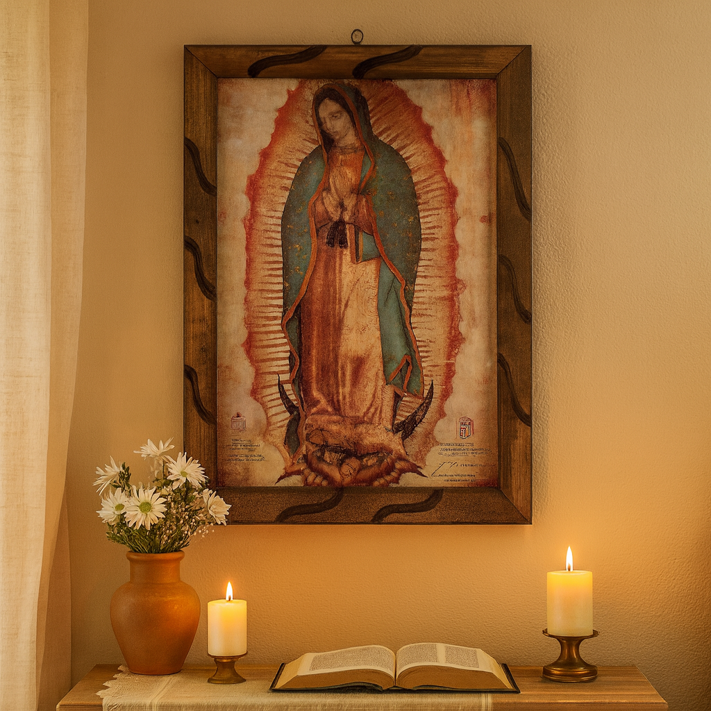 Our Lady of Guadalupe Rustic Frame Painting | Virgen de Guadalupe Cuadro Religioso | Oil Print on Wood –18x13