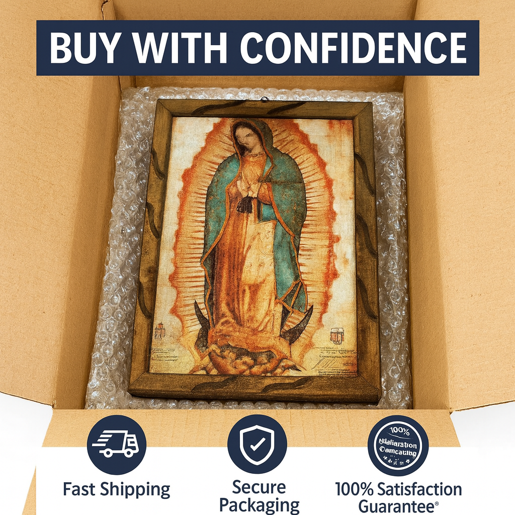 Our Lady of Guadalupe Rustic Frame Painting | Virgen de Guadalupe Cuadro Religioso | Oil Print on Wood –18x13