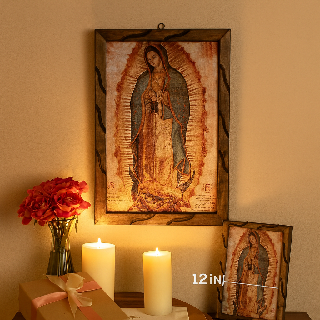 Our Lady of Guadalupe Rustic Frame Painting | Virgen de Guadalupe Cuadro Religioso | Oil Print on Wood –18x13
