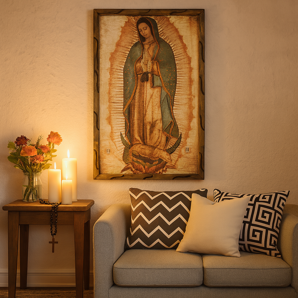 Our Lady of Guadalupe Rustic Frame Painting | Virgen de Guadalupe Cuadro Religioso | Oil Print on Wood –18x13
