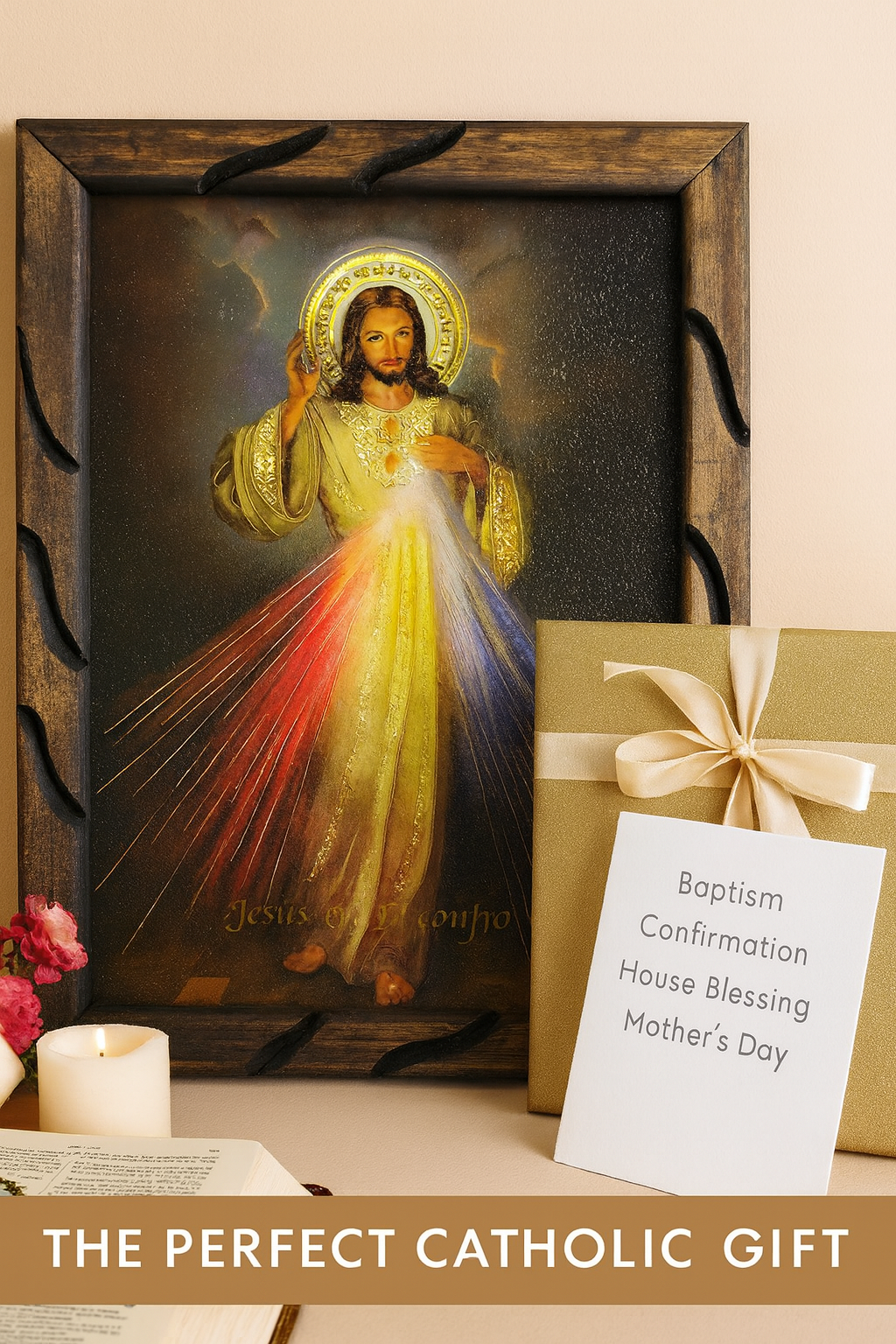 Divine Mercy Rustic Frame – Marco de la Divina Misericordia Católico 18x13 inches