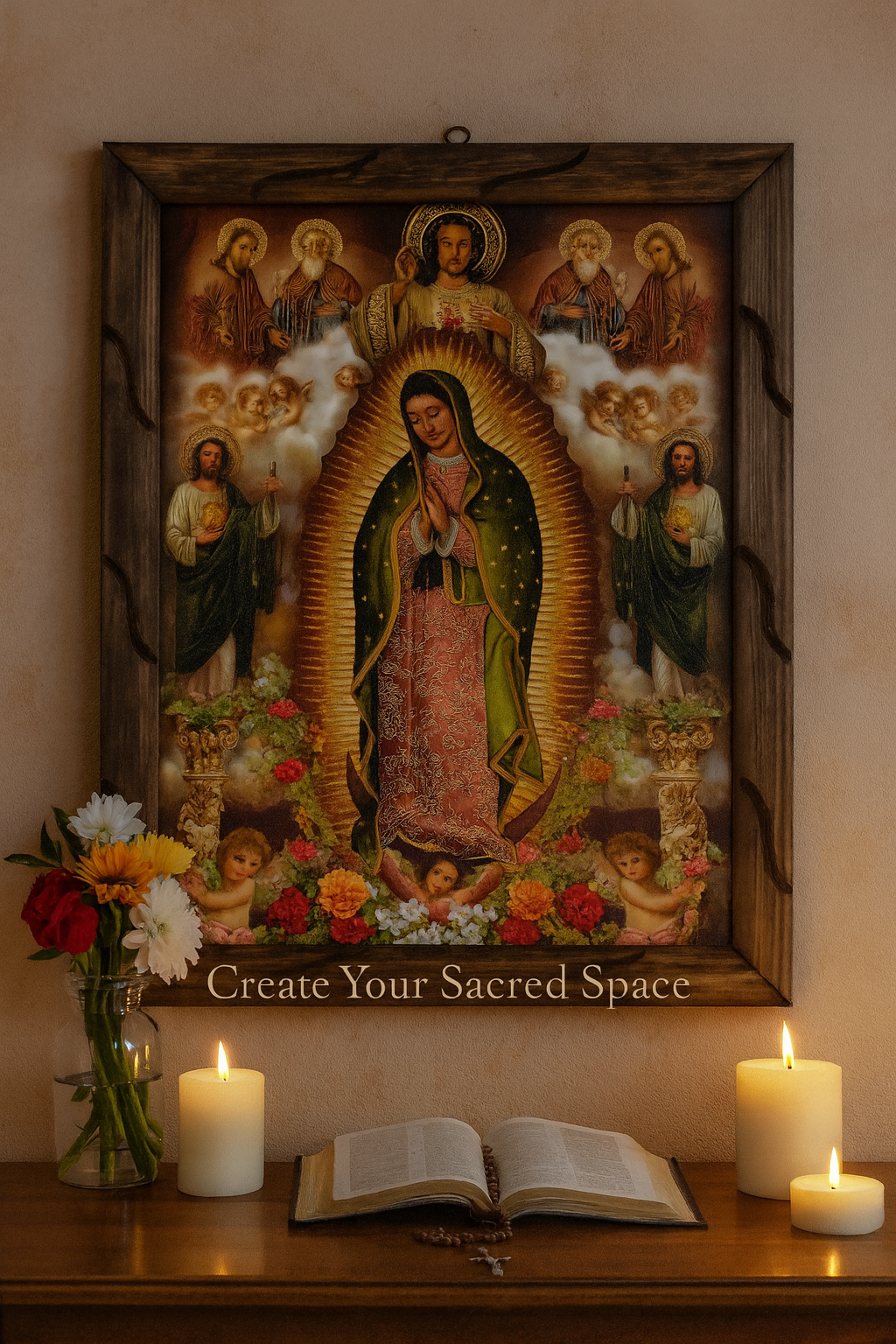 Guadalupe, Saint Jude & Divine Mercy Rustic Frame – Religious Art 36x24 inches