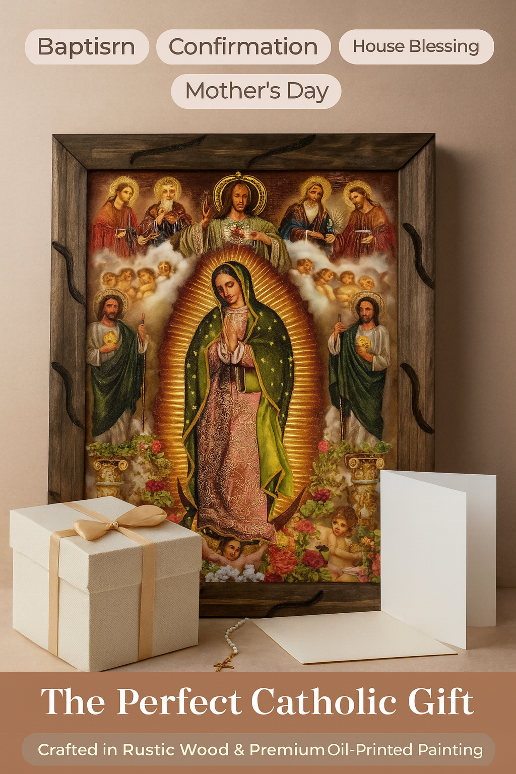 Guadalupe, Saint Jude & Divine Mercy Rustic Frame – Religious Art 36x24 inches