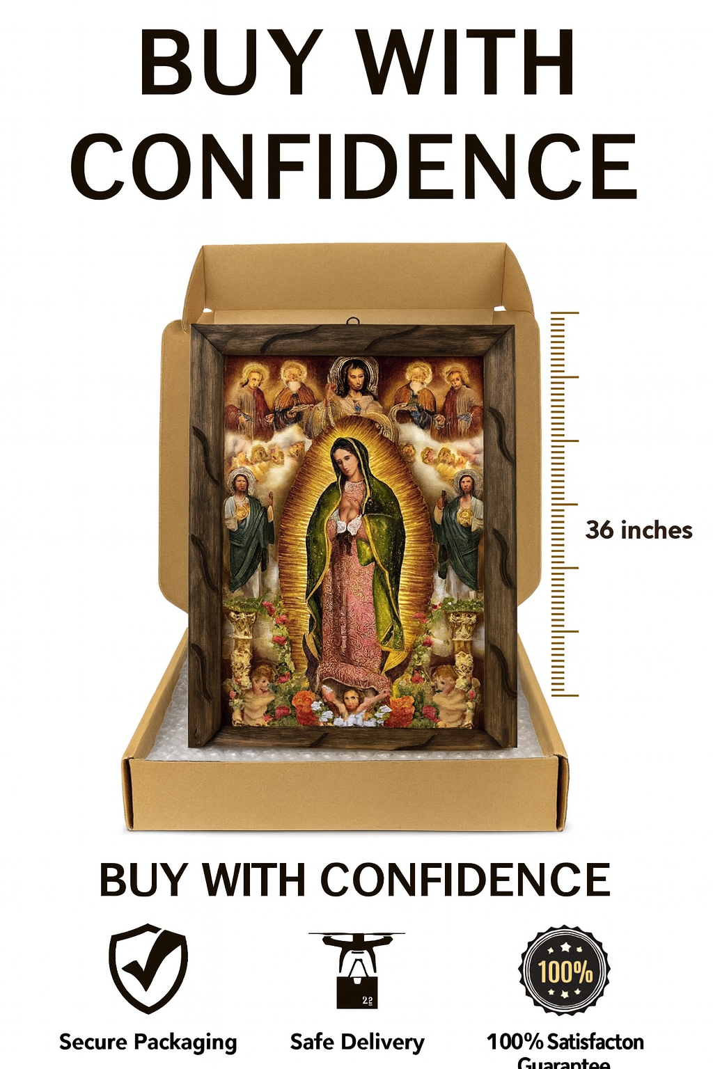 Guadalupe, Saint Jude & Divine Mercy Rustic Frame – Religious Art 36x24 inches