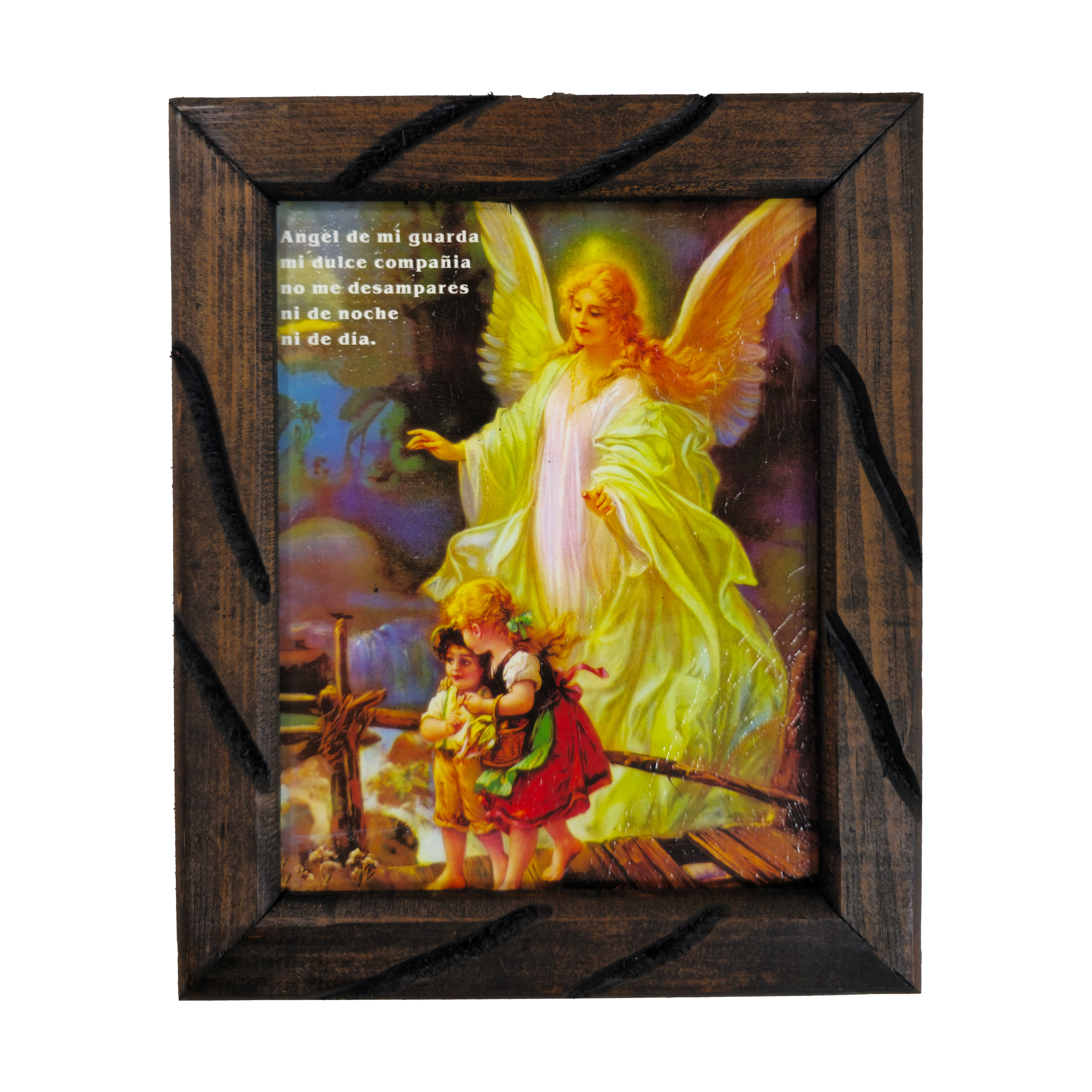 Guardian Angel Rustic Frame cuadro rustico Home Decor, Angel de la Guarda Art, Handcrafted in Mexico, Durable Wood Design, Religious Gift