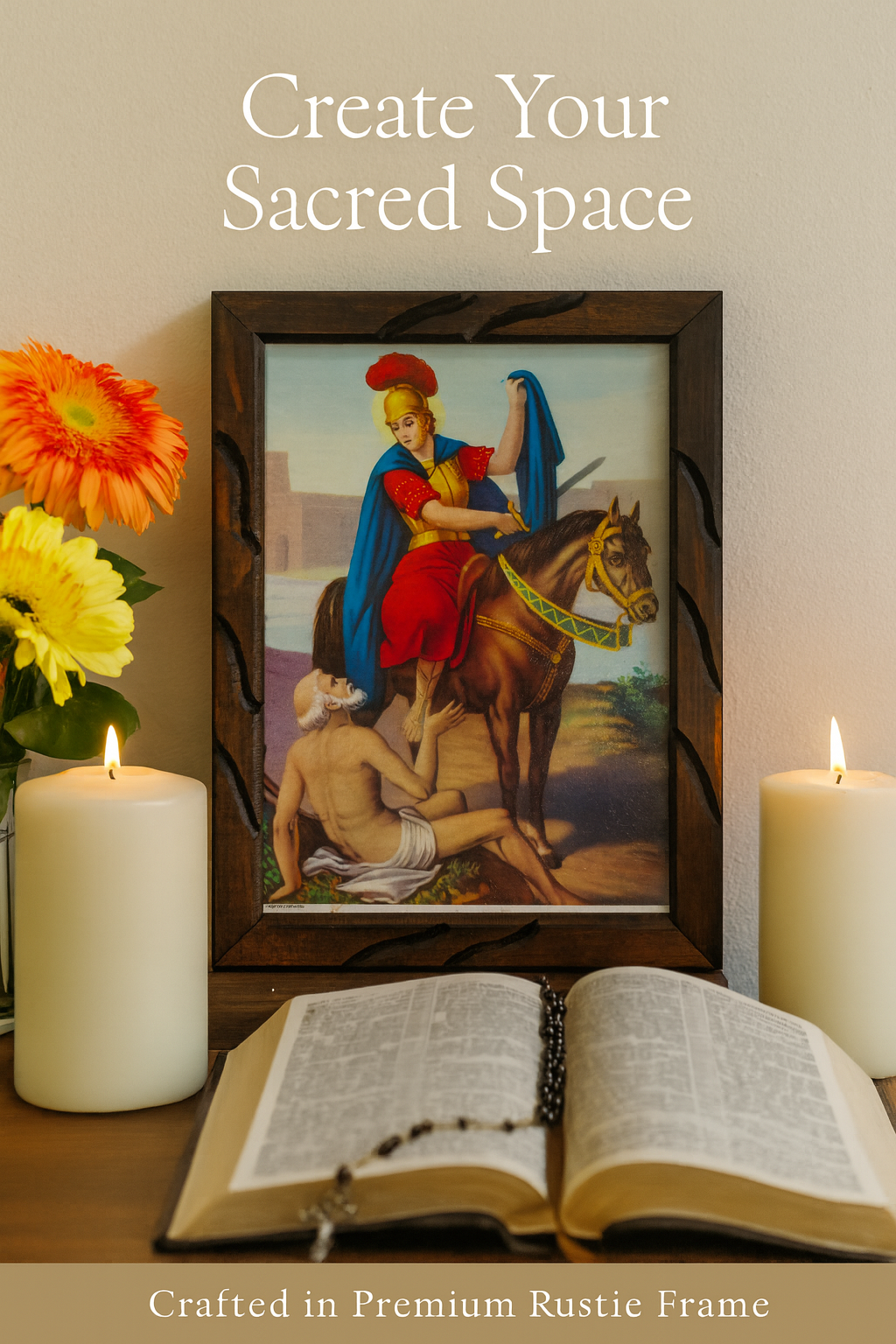 Saint Martin Knight Rustic Frame – San Martín Caballero Religious Art