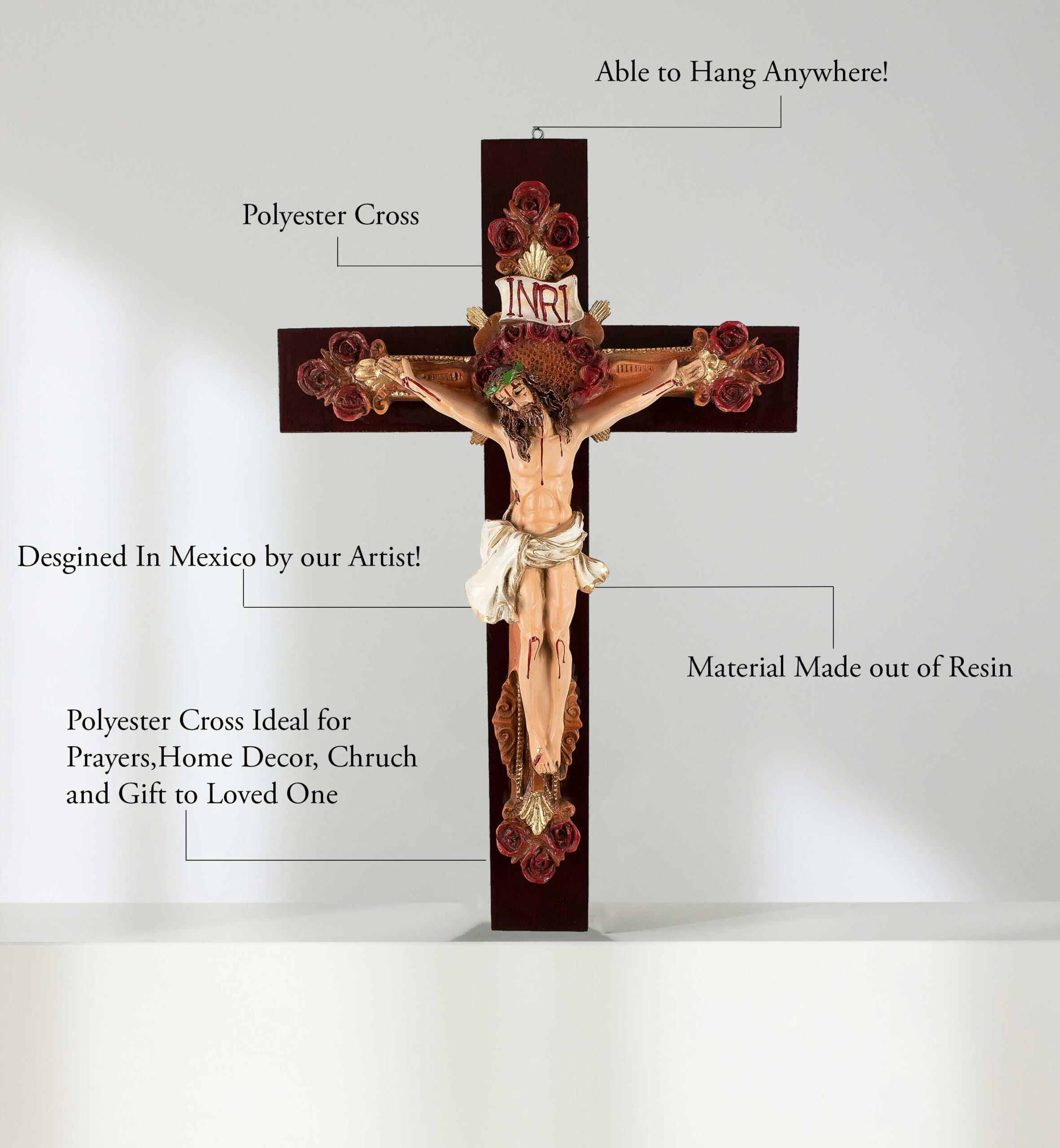 Mrcjsales: Jesus Christ Crimsons Roses | Crucifix | Polyester Resin Art | Faith Symbol | Various Sizes | Uplifting Beauty | Mexican Style