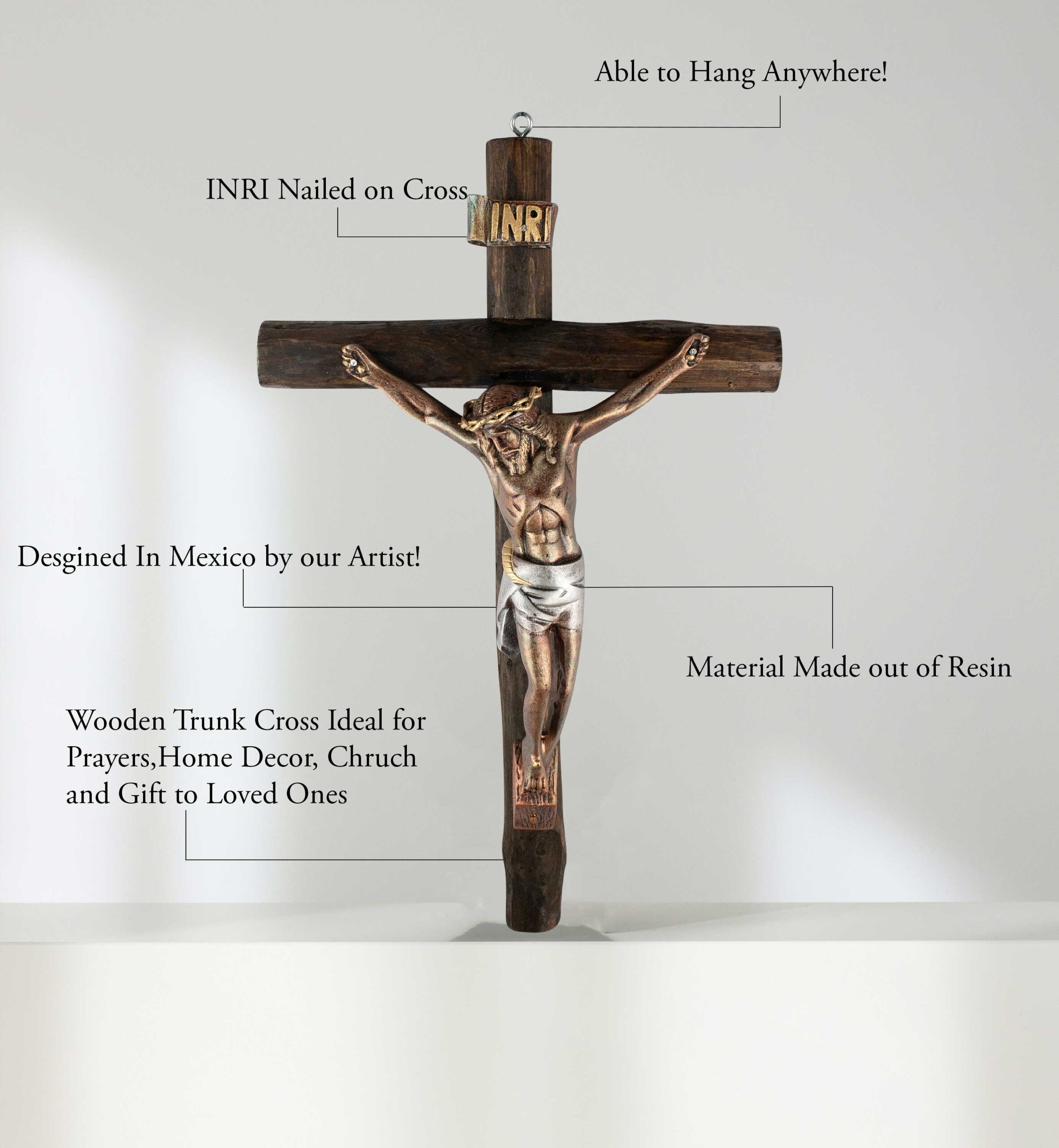 Mrcjsales: Jesus Christ Silver-Bronze | Wooden Trunk | Tree Trunk & Resin | Mexican Design | Faith Symbol | Warning: Thorn Crown | Handmade Alterations