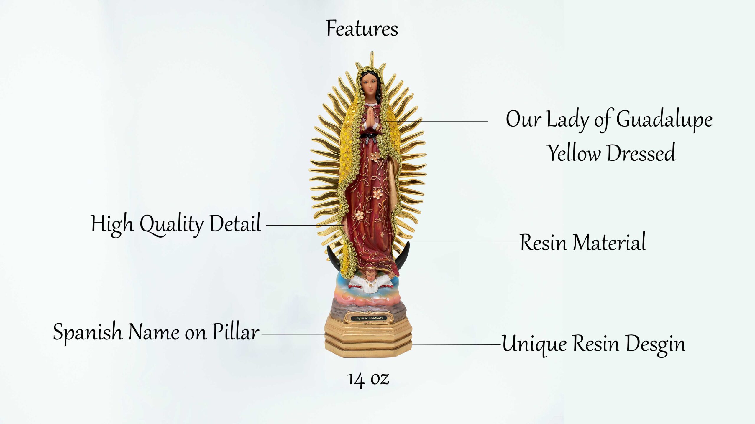 MrcjSales - Our Lady of Guadalupe Yellow Dress Statue | Resin Material | Multiple Sizes | Detailed Quality | Perfect for Home Decor, Gifts, and Celebrations