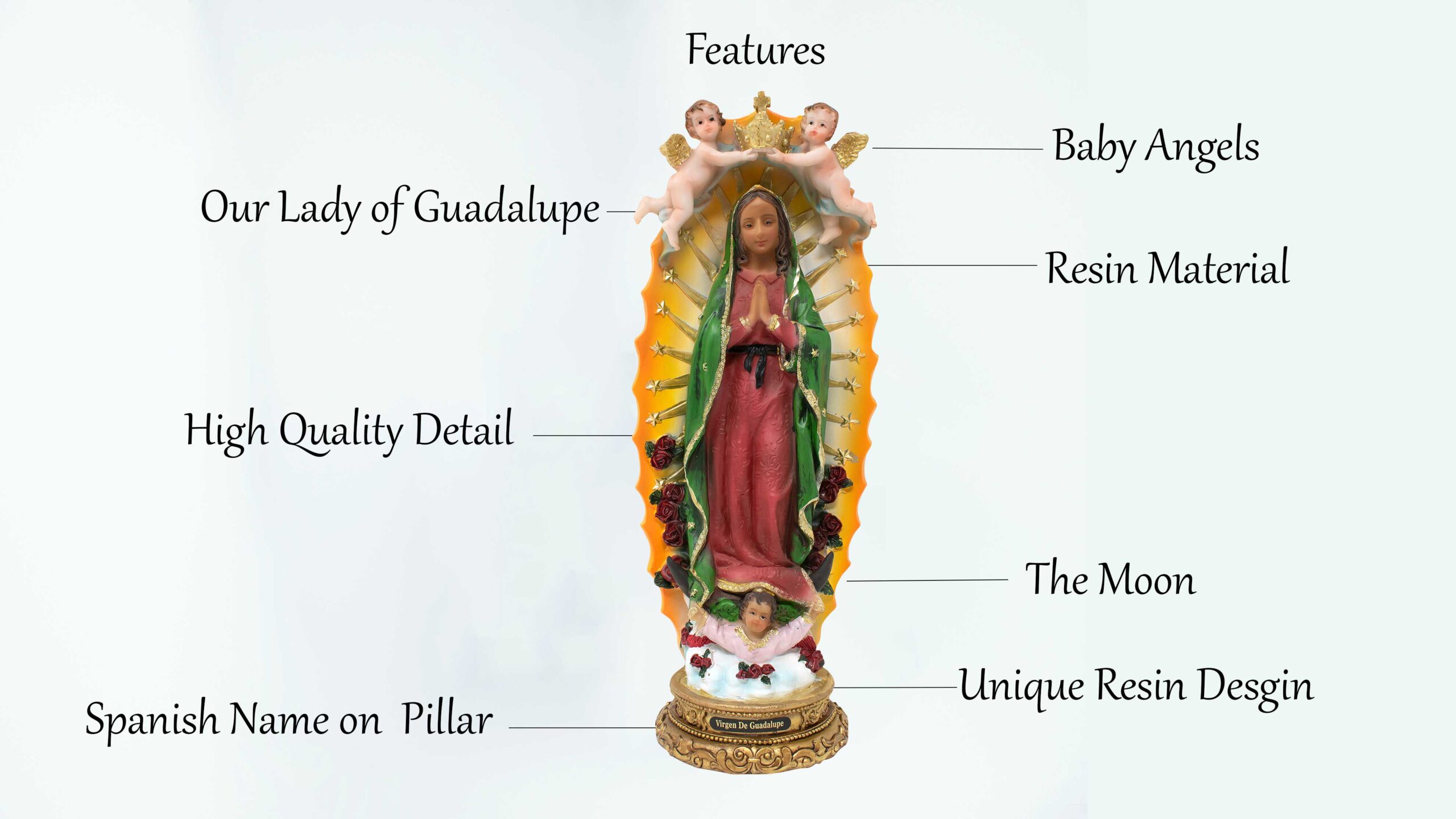 MrcjSales - Our Lady of Guadalupe w/ Baby Angels Statue | Multiple Sizes, Resin Craftsmanship |Perfect for Home, Church & Gifts