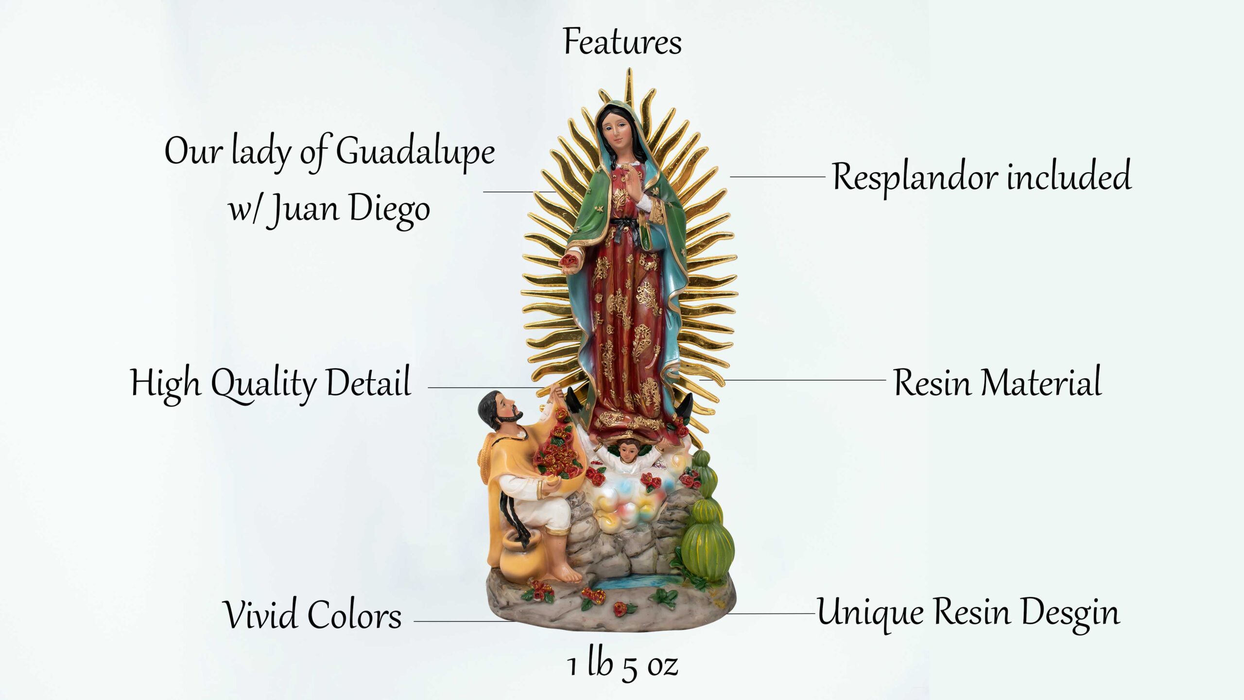 MrcjSales - Our Lady of Guadalupe with Juan Diego Statue | Virgen de Guadalupe con Juan Diego | Multiple Sizes | High-Quality Resin Craft