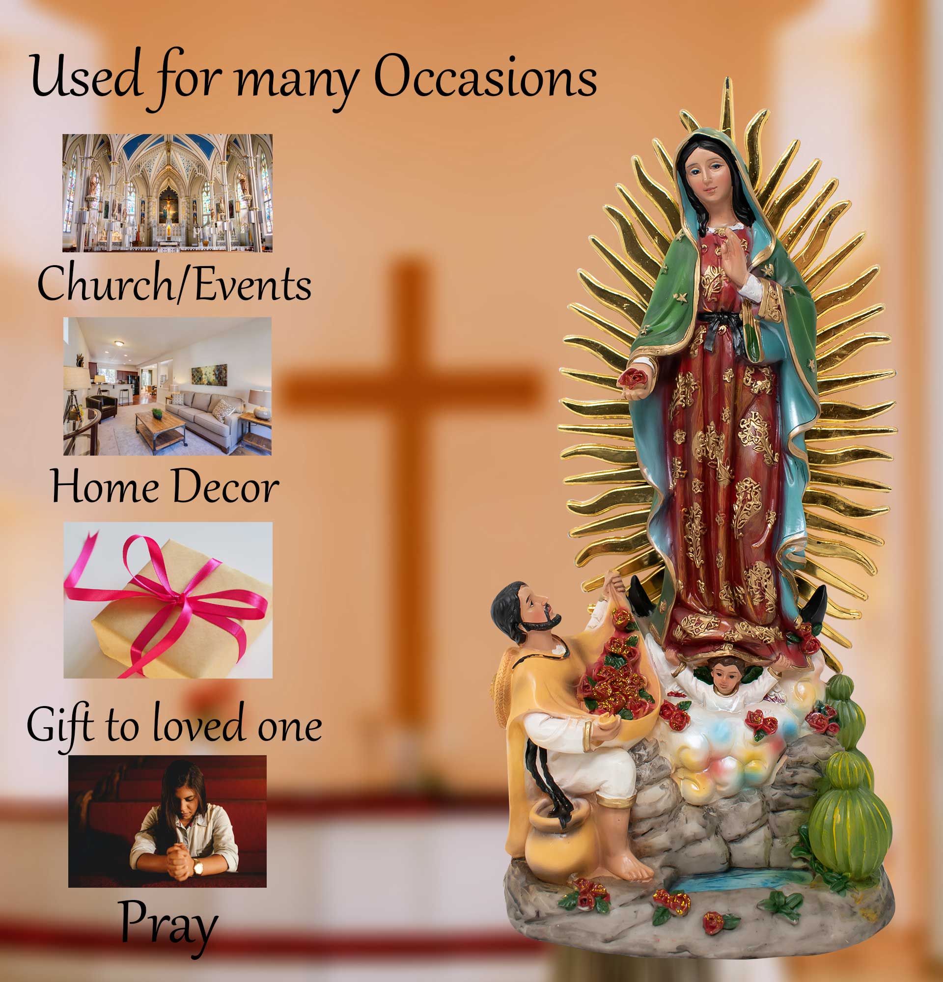 MrcjSales - Our Lady of Guadalupe with Juan Diego Statue | Virgen de Guadalupe con Juan Diego | Multiple Sizes | High-Quality Resin Craft