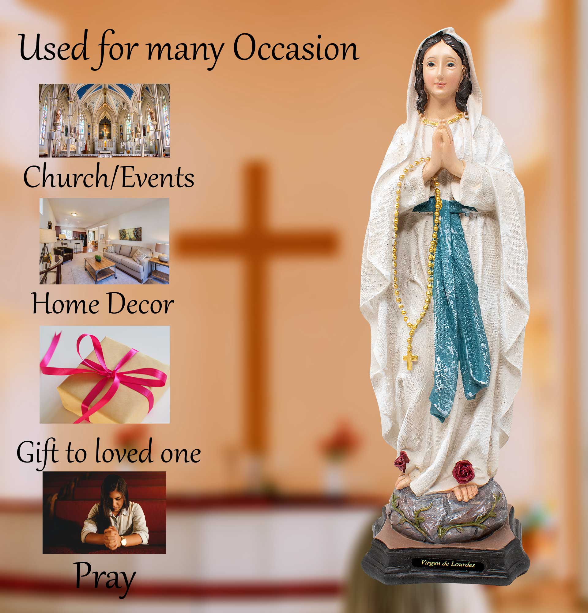 MrcjSales - Our Lady Of Lourdes Resin Statue | Multiple Sizes | Durable Religious Icon for Church, Home Decor, Altars | Spanish Name Engraved