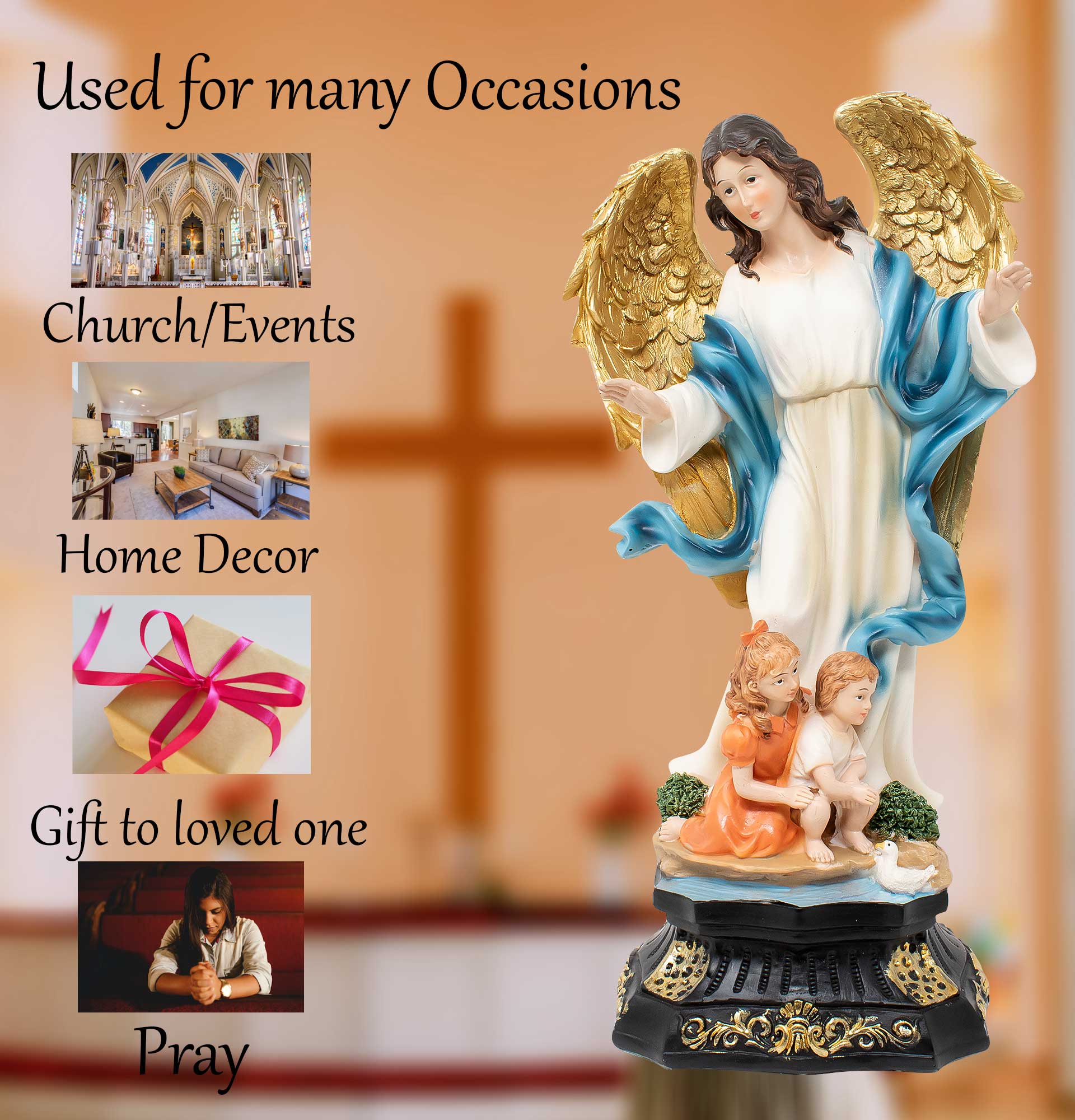 MrcjSales - Guardian Angel Resin Statue | Angel de la Guarda | Multiple Sizes | Church, Home Decor, Gifts | Spanish Name Engraved