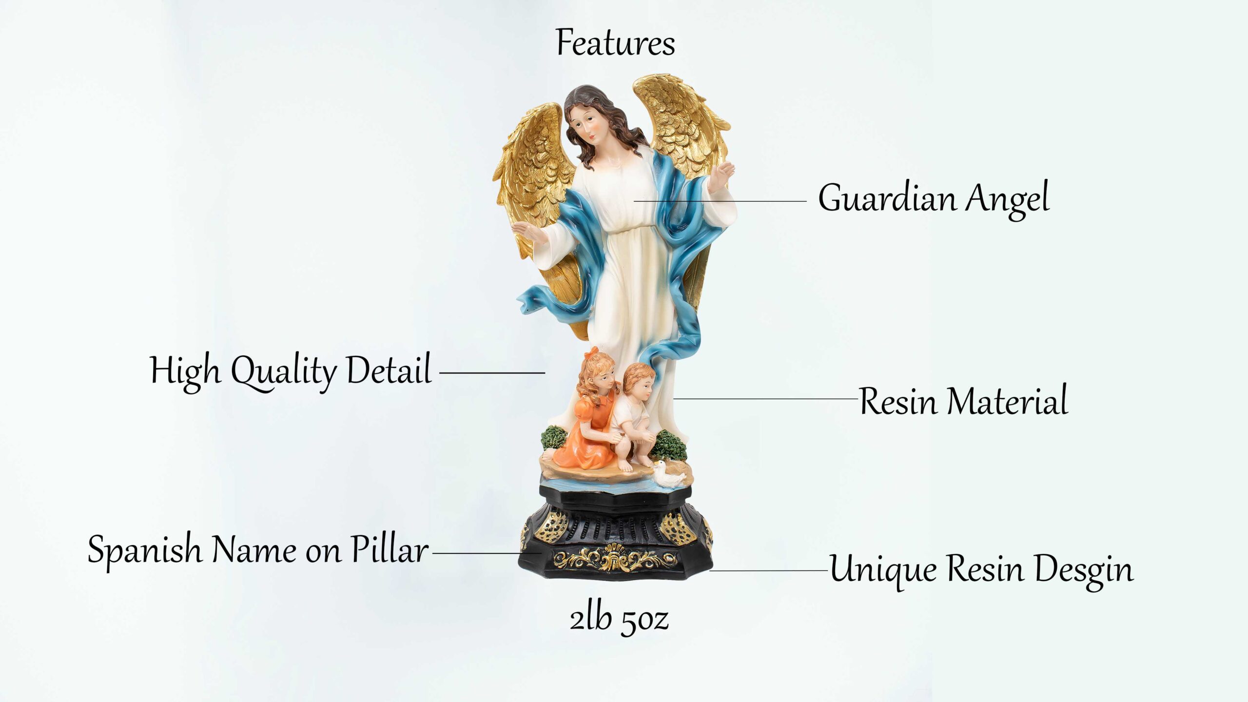 MrcjSales - Guardian Angel Resin Statue | Angel de la Guarda | Multiple Sizes | Church, Home Decor, Gifts | Spanish Name Engraved