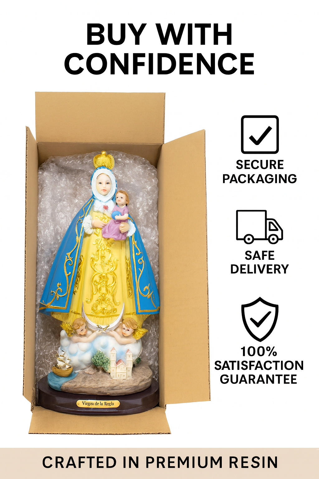 Virgin of the Rule Statue / Estatua de la Virgen de la Regla – 12" Resin Catholic Figurine – Marian Devotion – Religious Decor for Home, Church & Gifts
