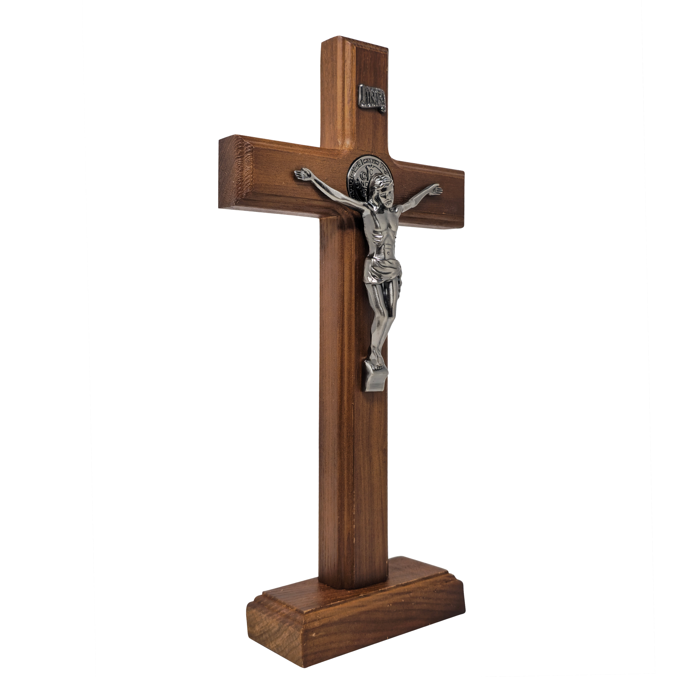 Mrcjsales - Saint Benedict Wooden Cross w/Base in Multiple Sizes. Beautifully Crafted Crucifix, Ideal for Various Occasions, Hang or Stand,