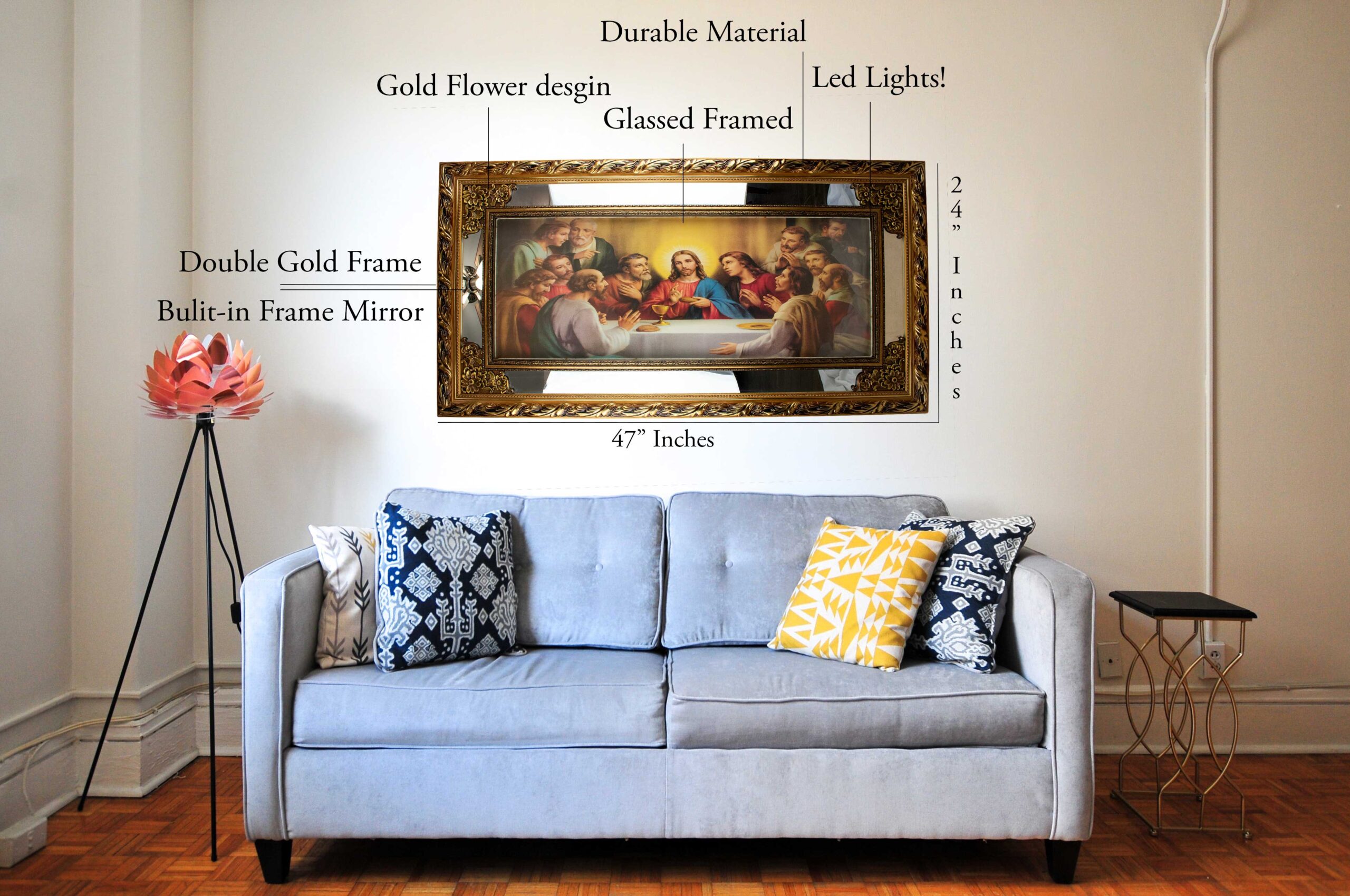 MrcjSales - Last Supper Original - Glass | Led Light Frame | Gold Double Frame | Very Detailed | Sizes 41"x26", 47"x24", 58"x28" | Suitable for Church, Events, Gifts