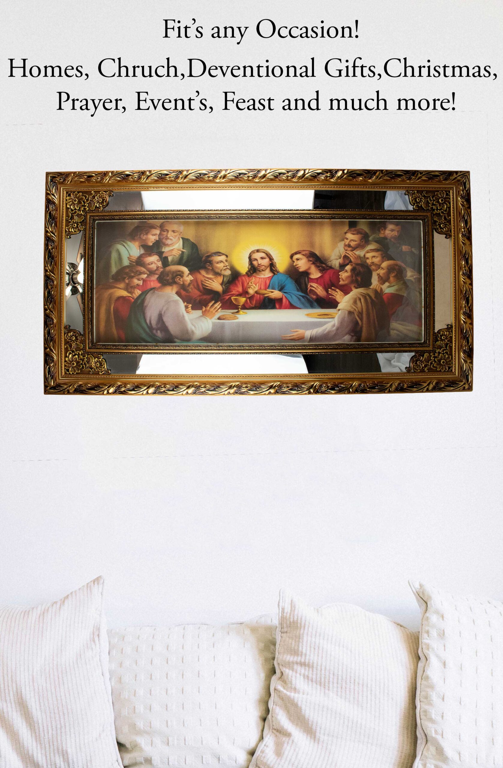 MrcjSales - Last Supper Original - Glass | Led Light Frame | Gold Double Frame | Very Detailed | Sizes 41"x26", 47"x24", 58"x28" | Suitable for Church, Events, Gifts