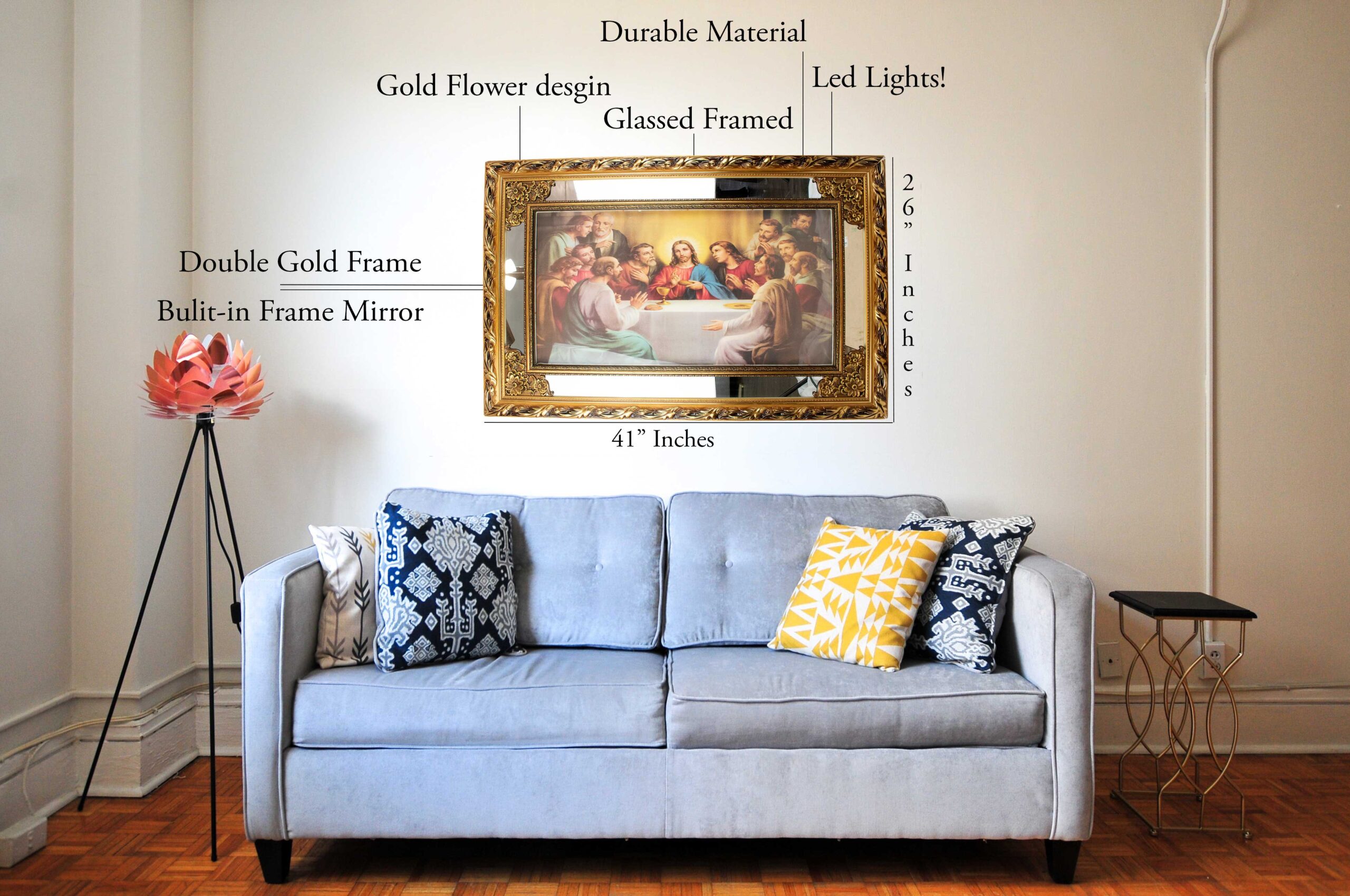 MrcjSales - Last Supper Original - Glass | Led Light Frame | Gold Double Frame | Very Detailed | Sizes 41"x26", 47"x24", 58"x28" | Suitable for Church, Events, Gifts