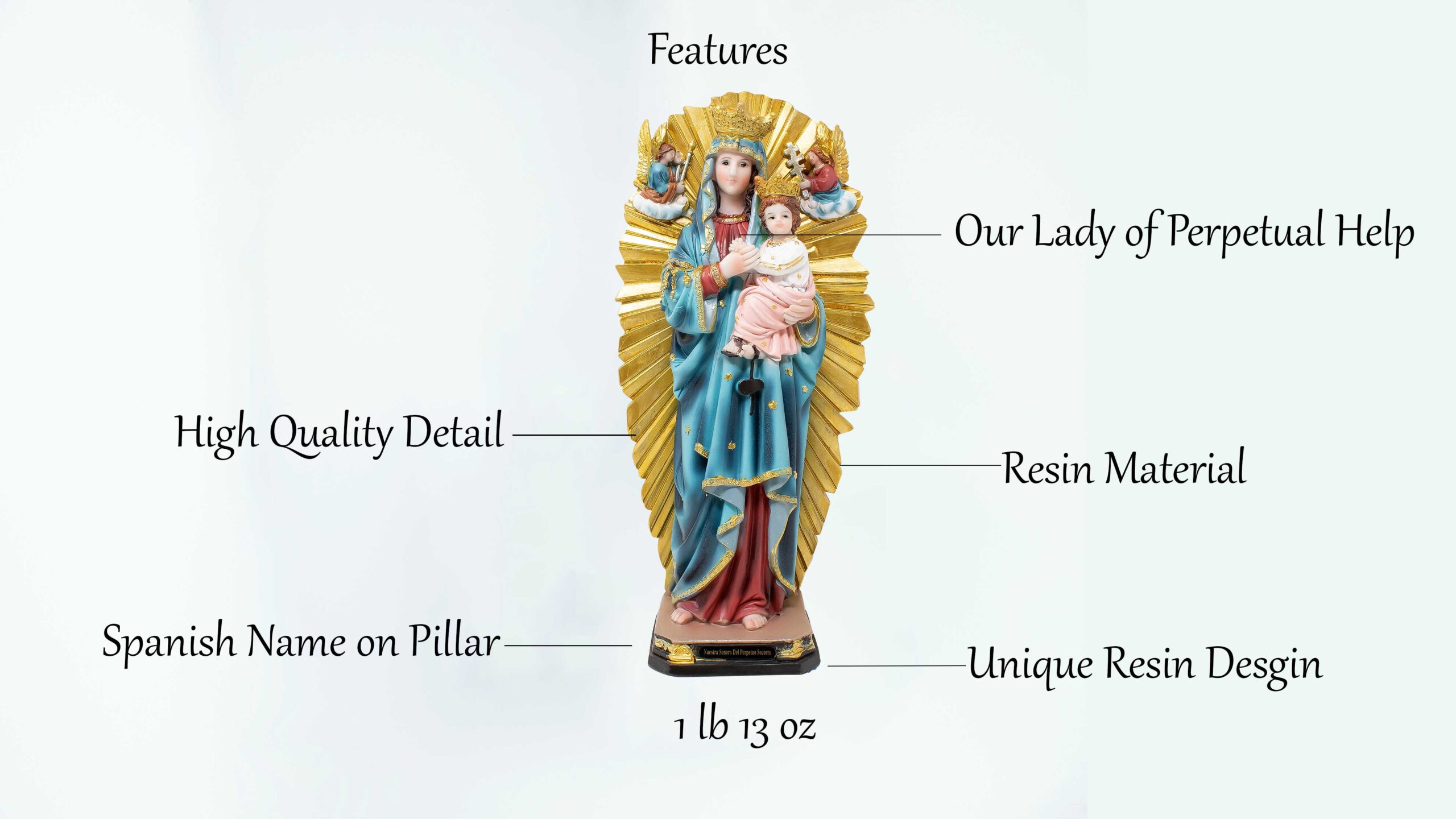 MrcjSales - Our Lady of Perpetual Help Resin Statue | Multiple Sizes | Durable & Realistic | Spanish Name Nuestra Señora del Perpetuo Socorro