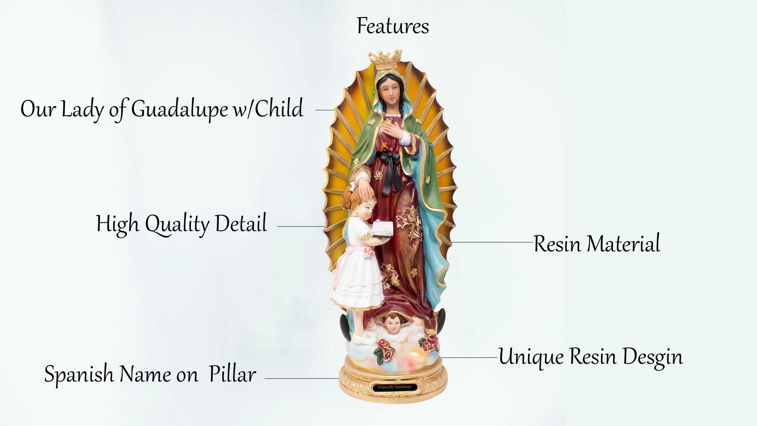 Our Lady of Guadalupe Statue, Virgen de gaudalupe 16, 12 & 8 Inches, Resin, Catholic Church Decor, Gifts, Spiritual Home Ornament | mrcjsales