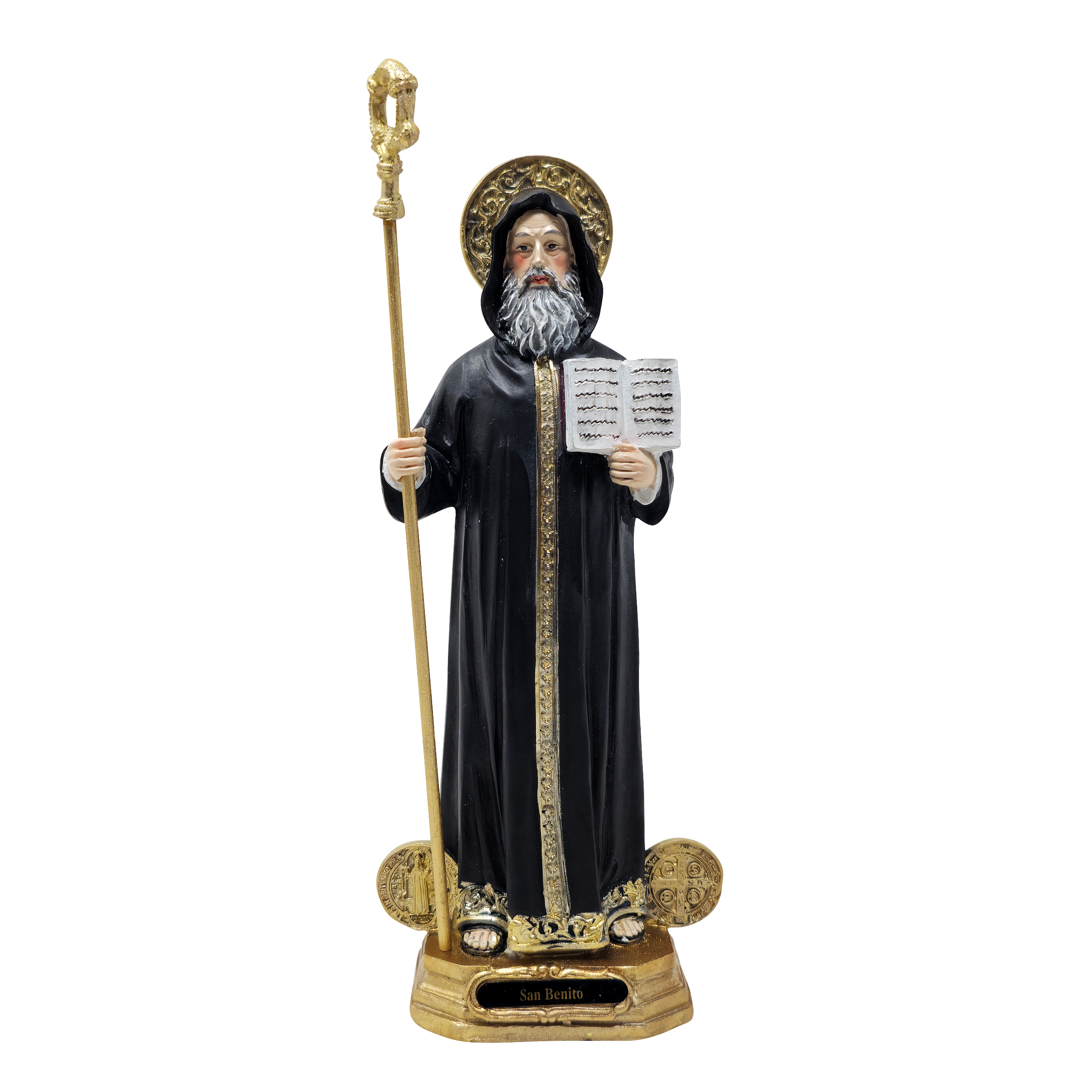 MrcjSales Saint Benedict Statue | Multiple Sizes | Realistic Gold & Black Design | Quality Resin | Spanish Name | Ideal for Home, Church, Gifts