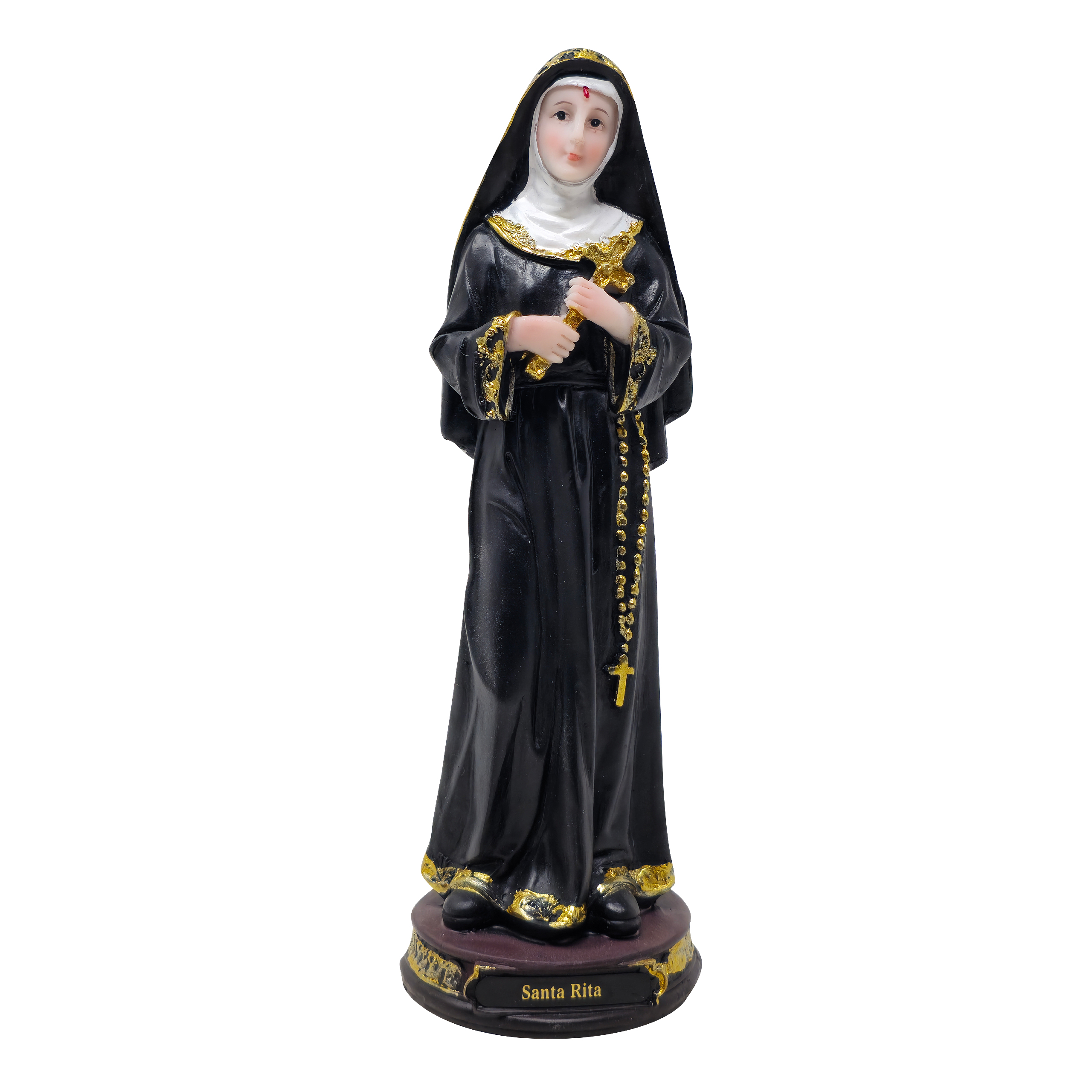 MrcjSales Saint Rita Statue | Multiple Sizes | Durable Resin | Authentic Black Gown | Ideal for Church, Home Decor, Gifts | Spanish Name Engraved