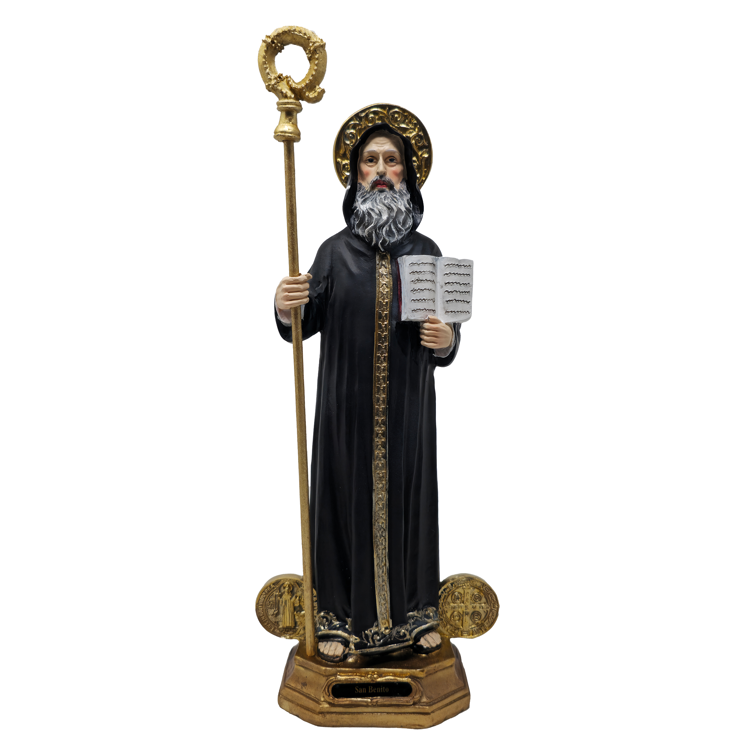 MrcjSales Saint Benedict Statue | Multiple Sizes | Realistic Gold & Black Design | Quality Resin | Spanish Name | Ideal for Home, Church, Gifts