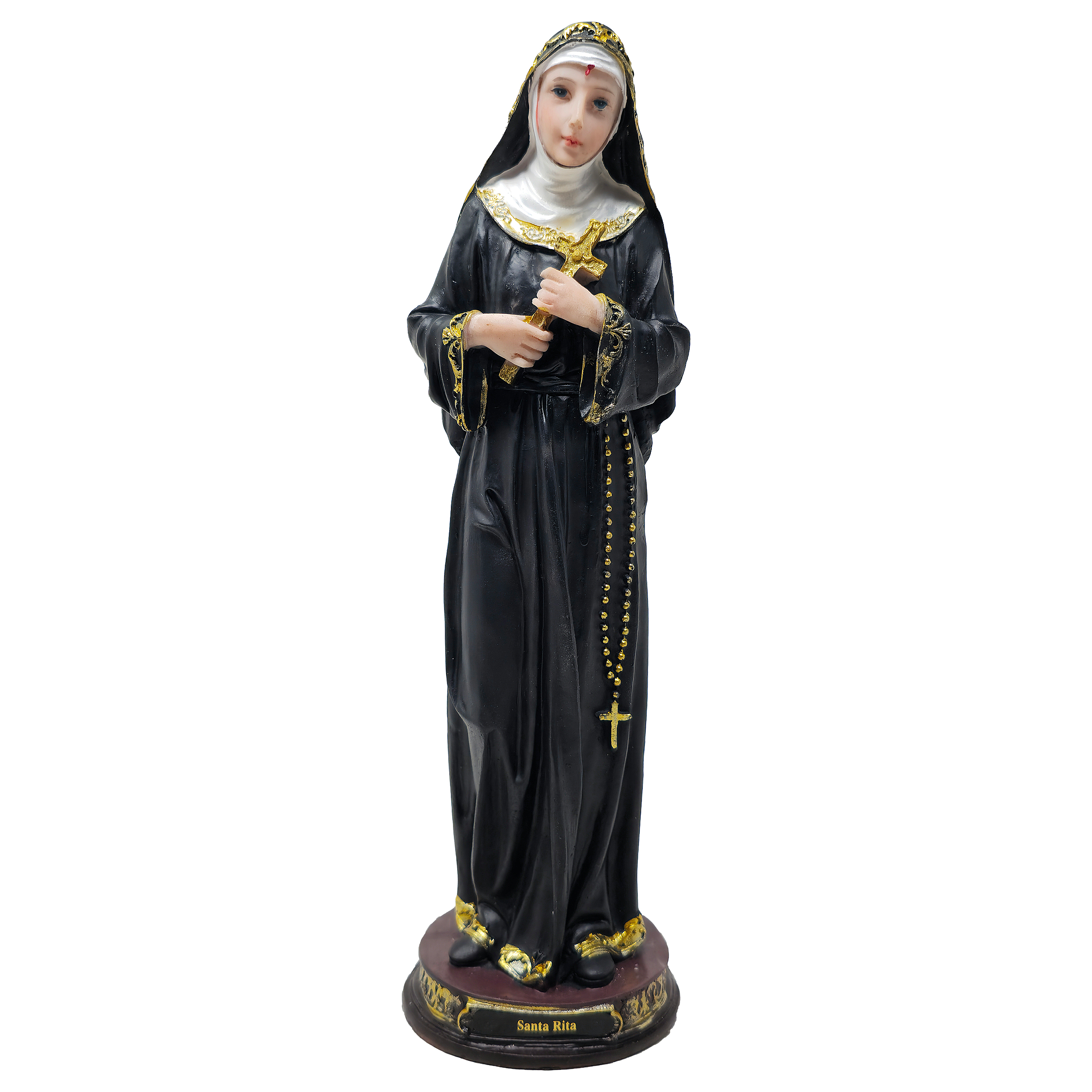 MrcjSales Saint Rita Statue | Multiple Sizes | Durable Resin | Authentic Black Gown | Ideal for Church, Home Decor, Gifts | Spanish Name Engraved