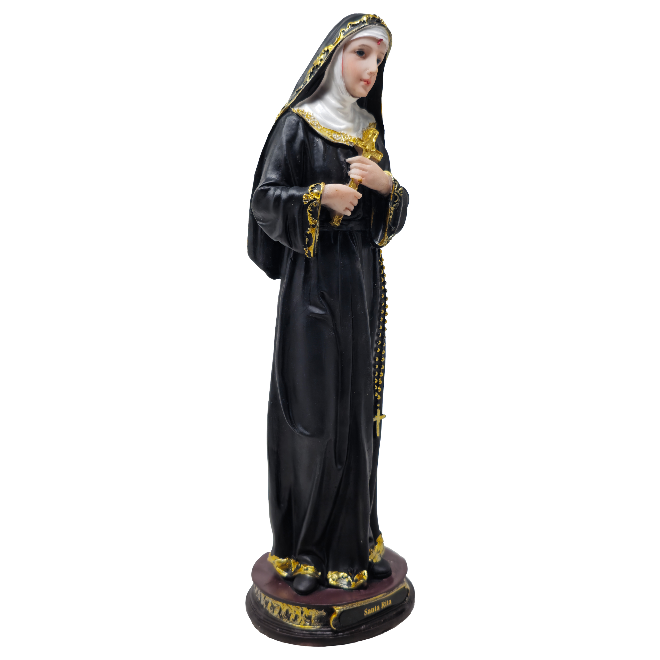 MrcjSales Saint Rita Statue | Multiple Sizes | Durable Resin | Authentic Black Gown | Ideal for Church, Home Decor, Gifts | Spanish Name Engraved