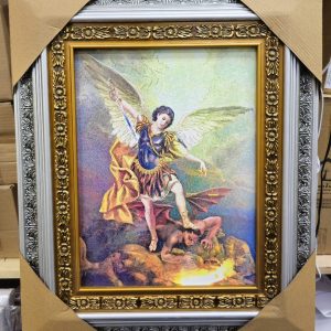 Saint Michael (San Miguel) Silver Frame 23x19 – Beautiful Silver and Gold Design Featuring St. Michael the Archangel, Vivid Colors, Built-in Hooks – Perfect Religious Home Décor, Church, Events, Gifts