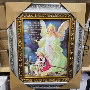 Guardian Angel (Ángel de la Guarda) Silver Frame 23x19 – Silver and Gold Design, Vivid Colors, Built-in Hooks – Perfect Religious Home Décor