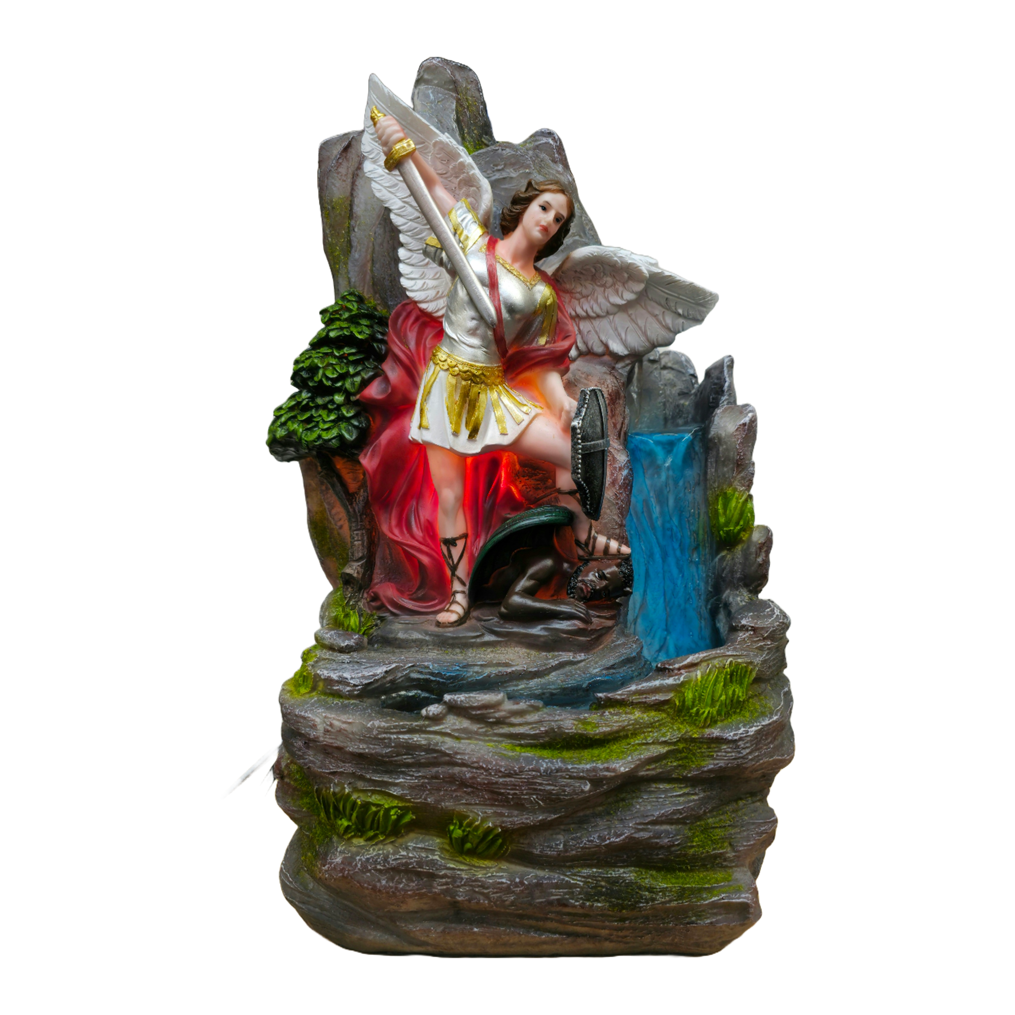 St. Michael Resin Water Fountain | San Miguel | Home Decor Fountain with LED Light | 18 Inch Option | Symbol of Protection and Courage